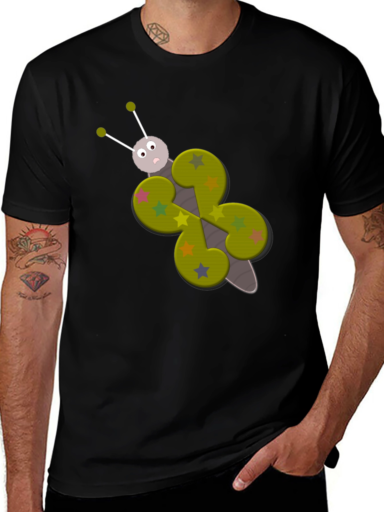 Butterfly Cartoon Graphic Tee - Whimsical Black T-Shirt