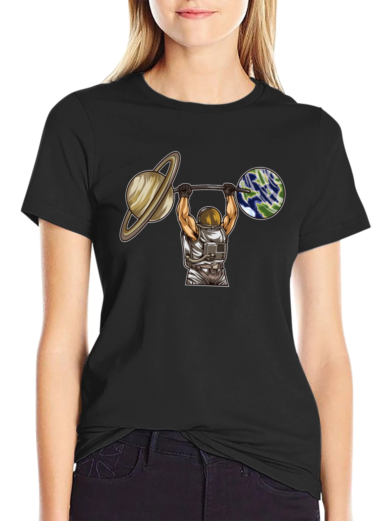 Astronaut Lifting Planets Graphic T-Shirt