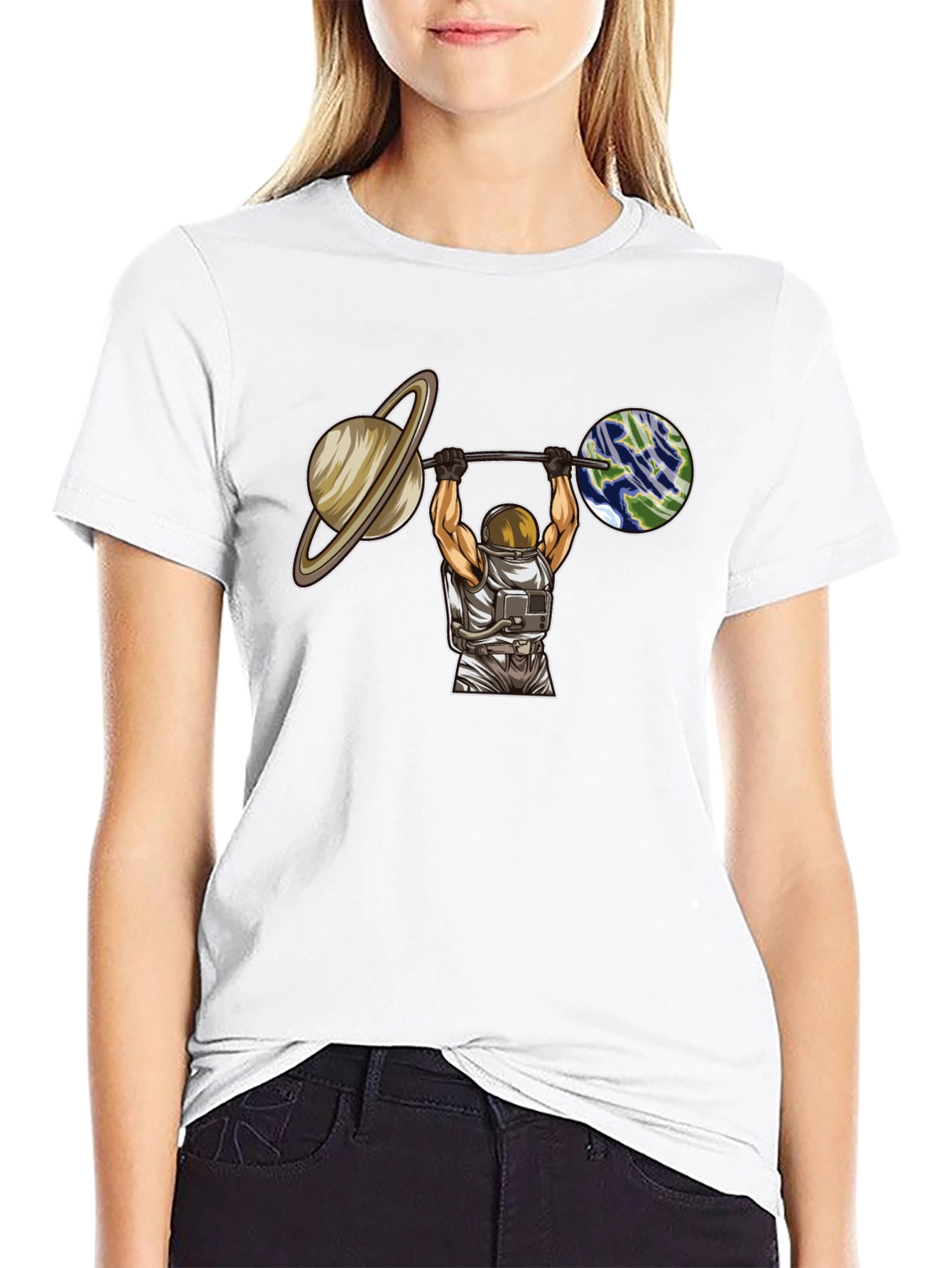 Astronaut Lifting Planets Graphic T-Shirt