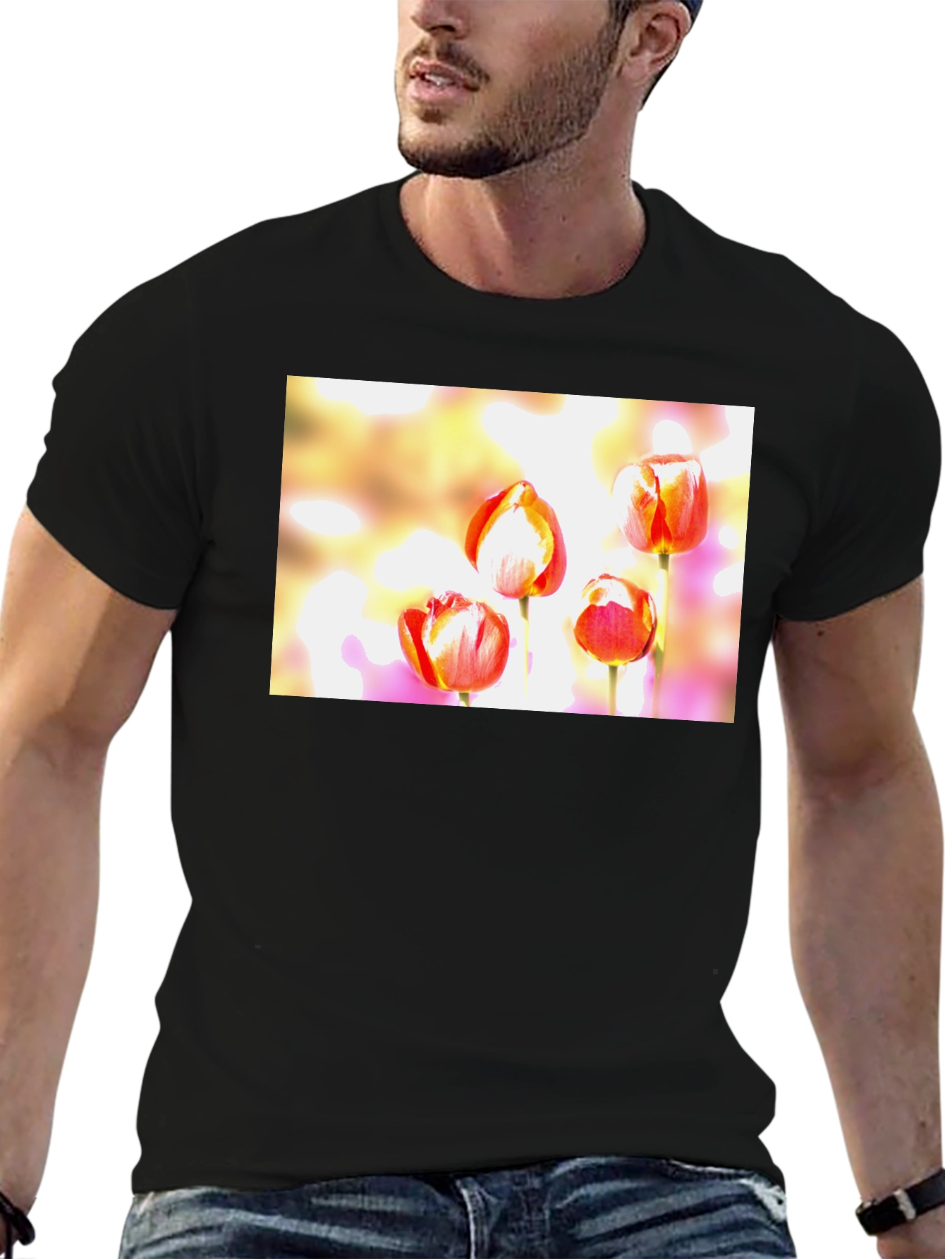 Floral Tulip Graphic Black T-Shirt