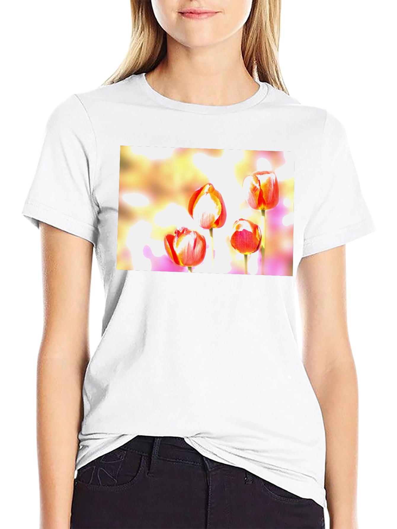 Floral Tulip Graphic Black T-Shirt