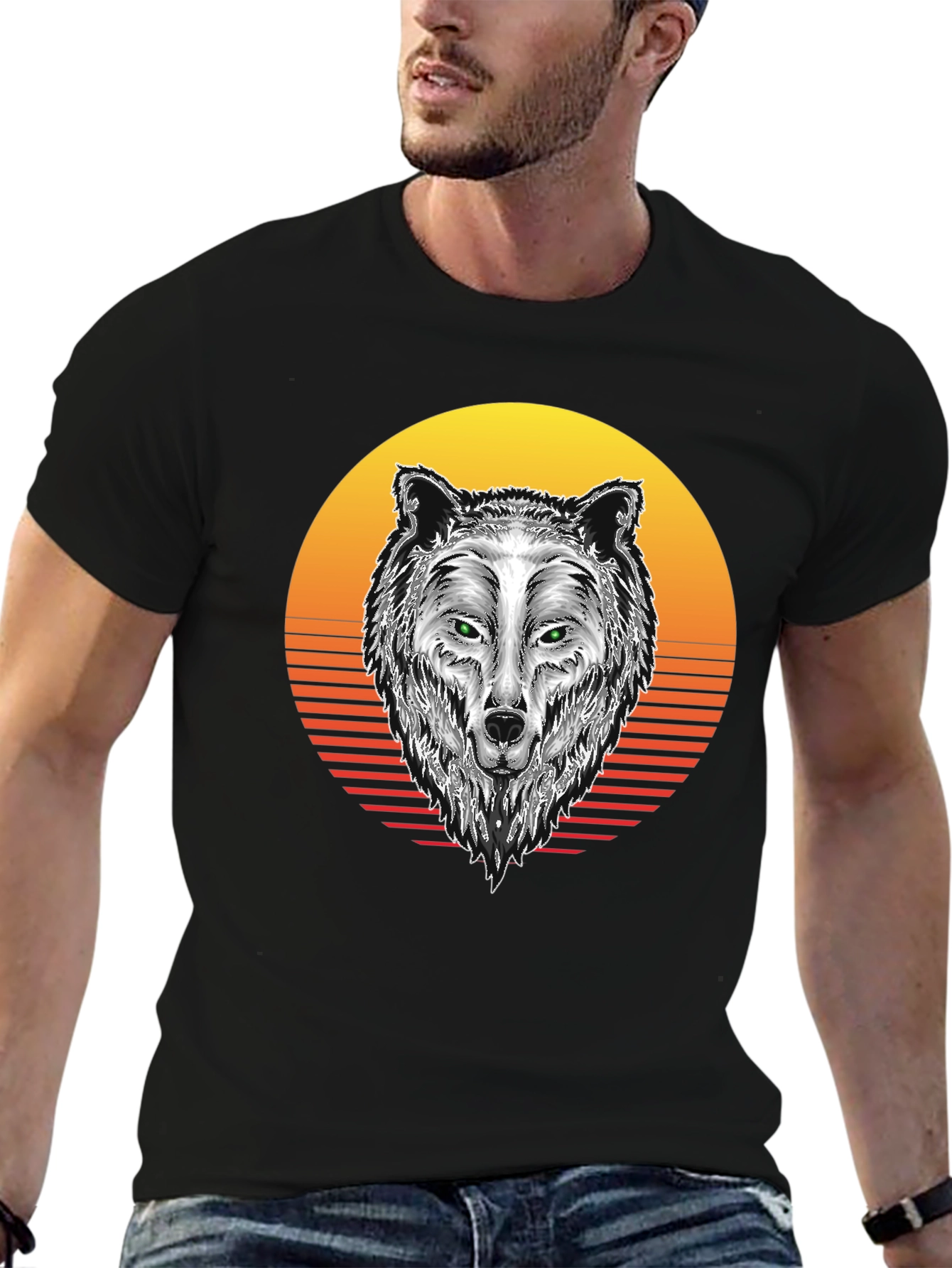 Wolf Sunset Graphic Tee - Black Cotton Blend T-Shirt