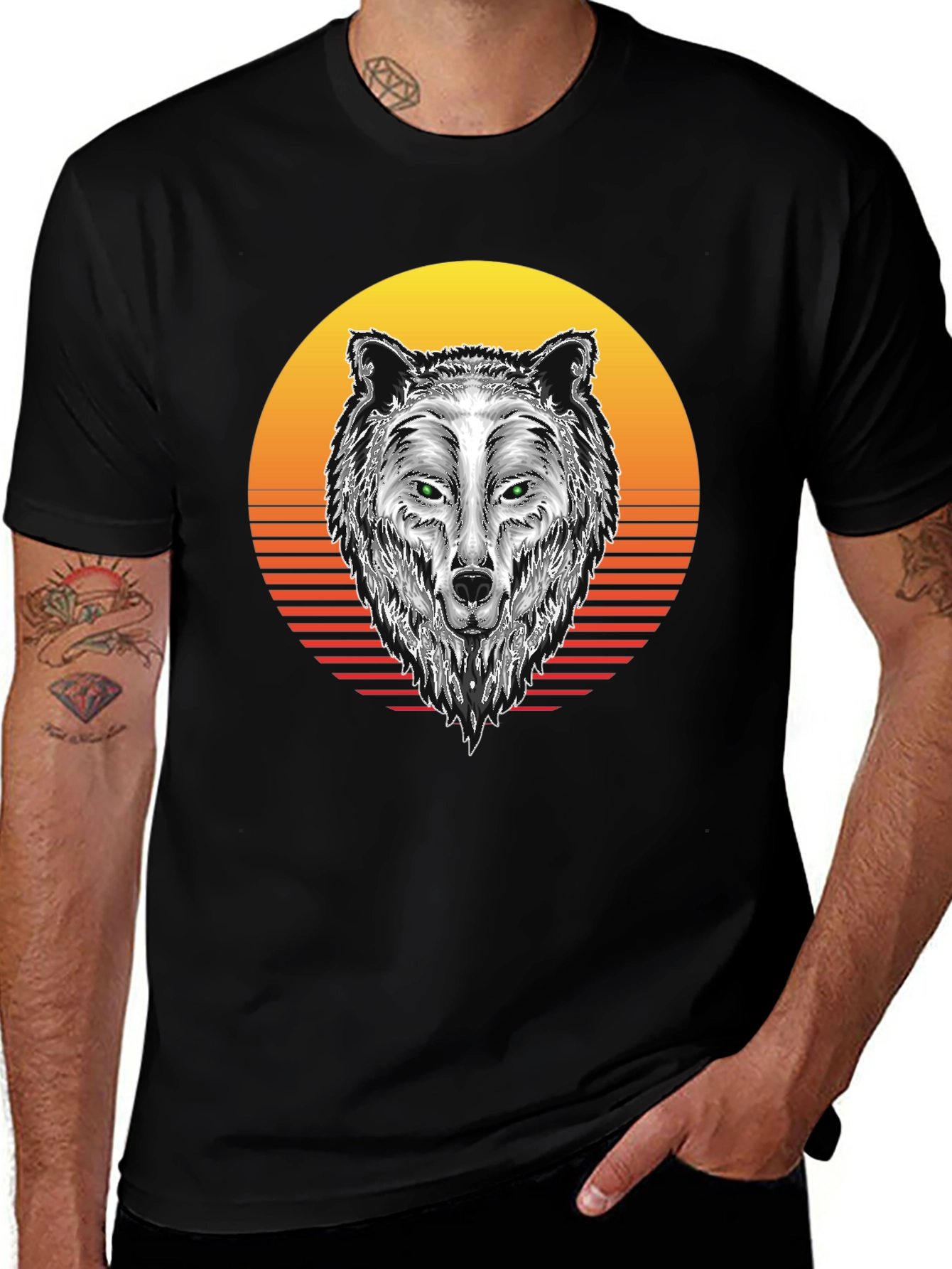 Wolf Sunset Graphic Tee - Black Cotton Blend T-Shirt