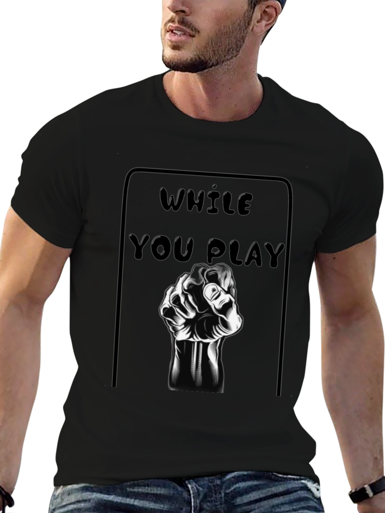 While You Play Black T-Shirt - Gaming Hand Design