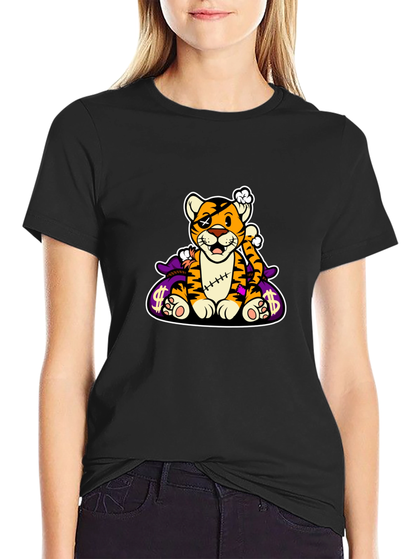 Cartoon Tiger Graphic Black T-Shirt