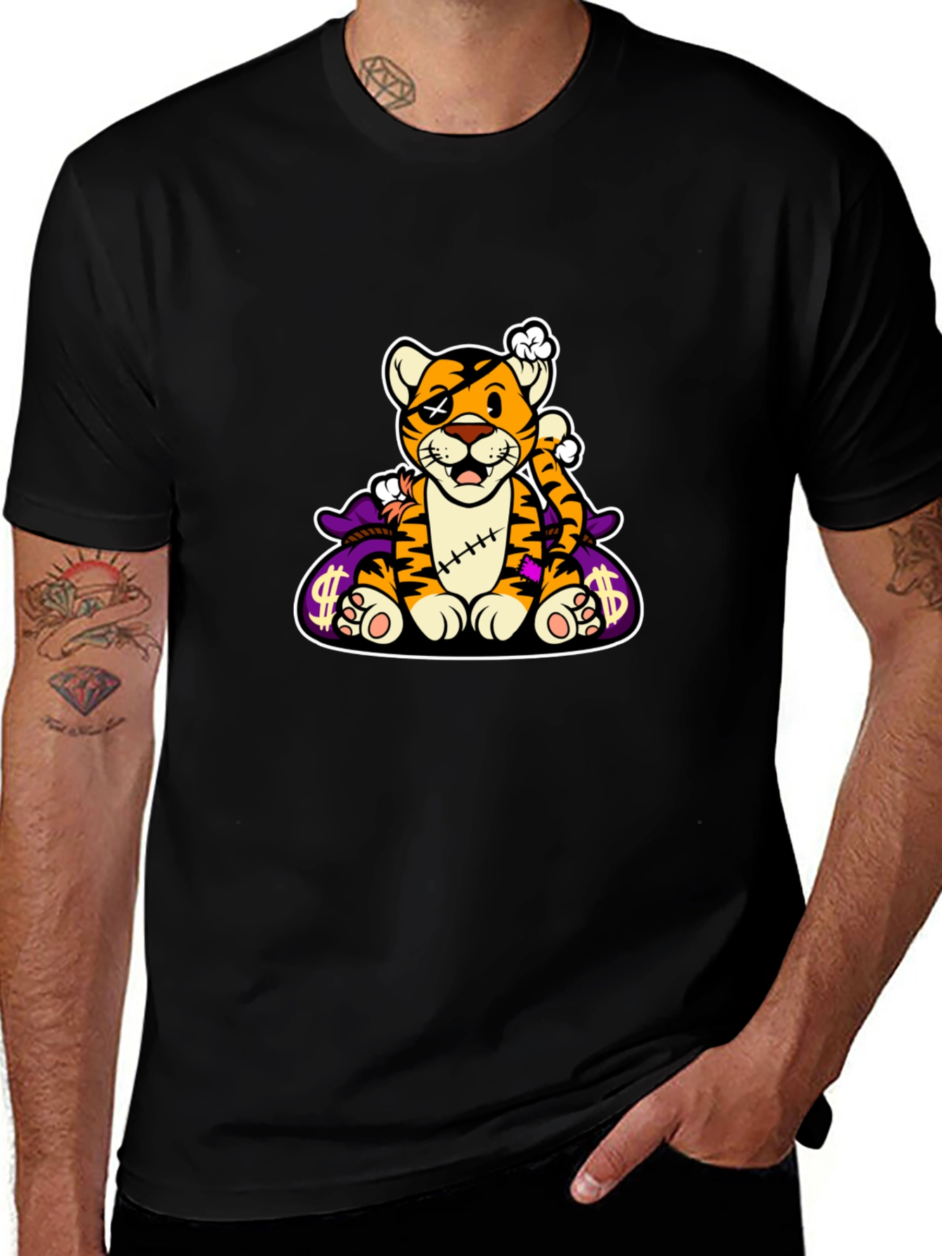 Cartoon Tiger Graphic Black T-Shirt