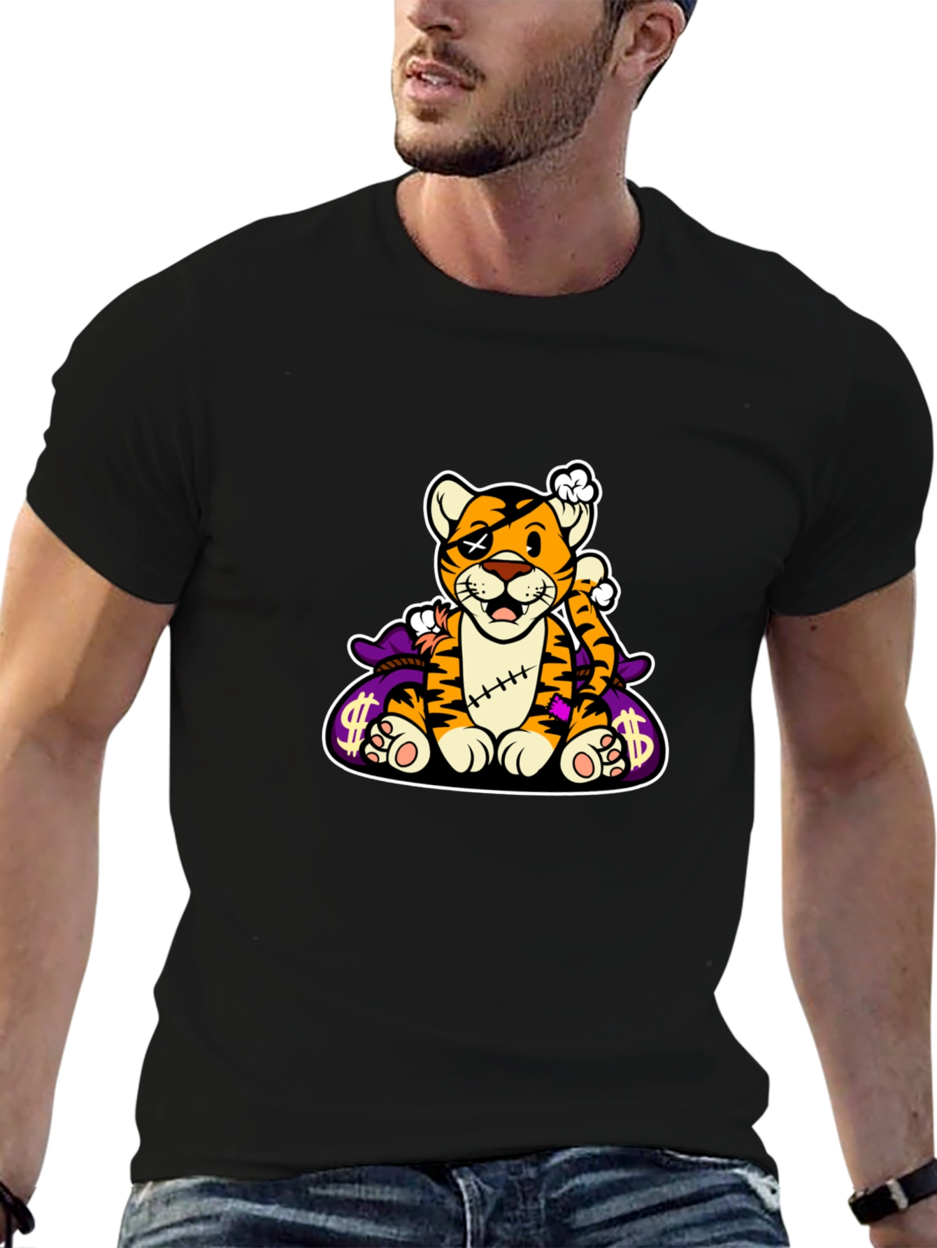 Cartoon Tiger Graphic Black T-Shirt