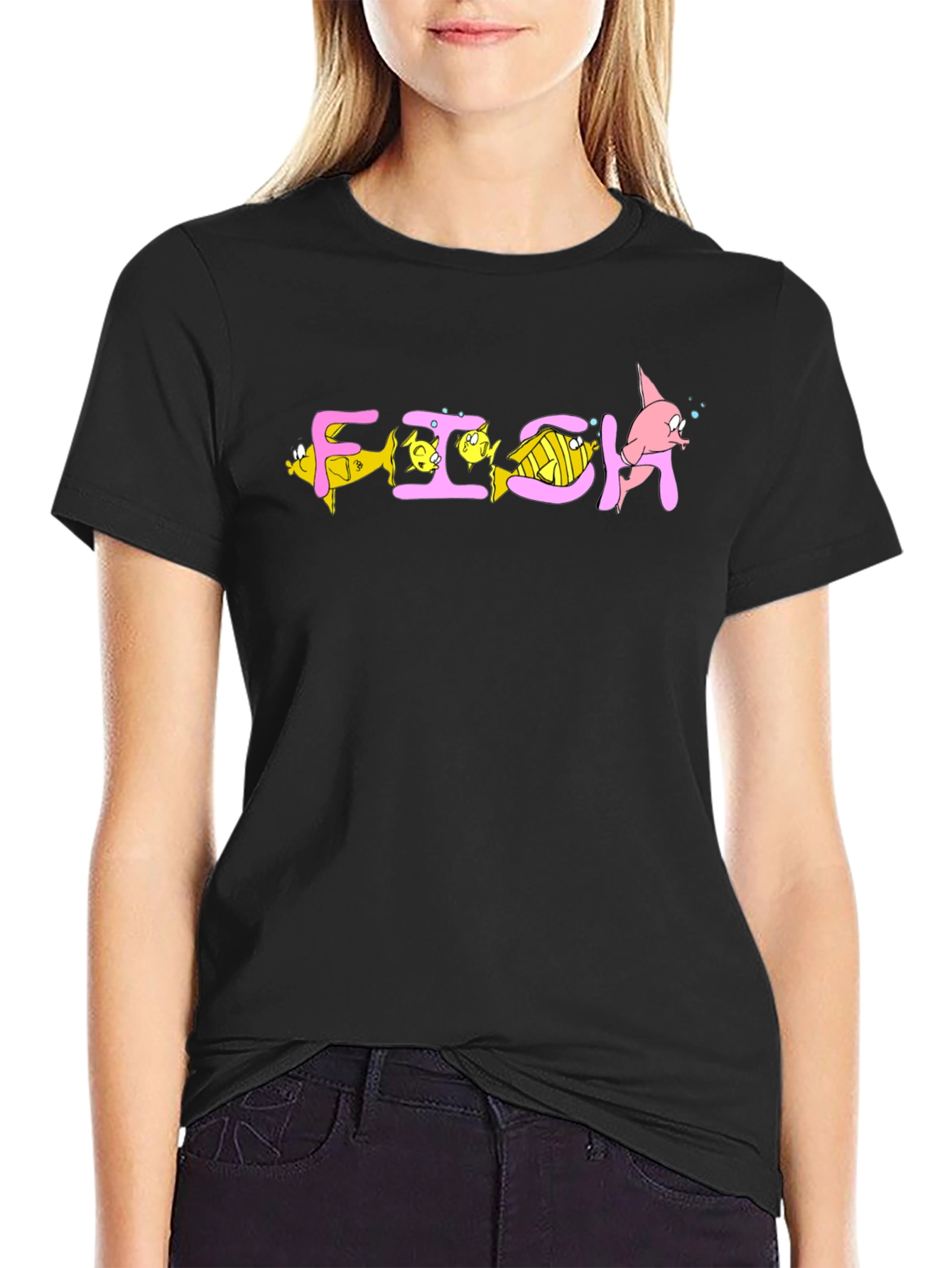 Cartoon Fish Graphic T-Shirt - Black Cotton Blend