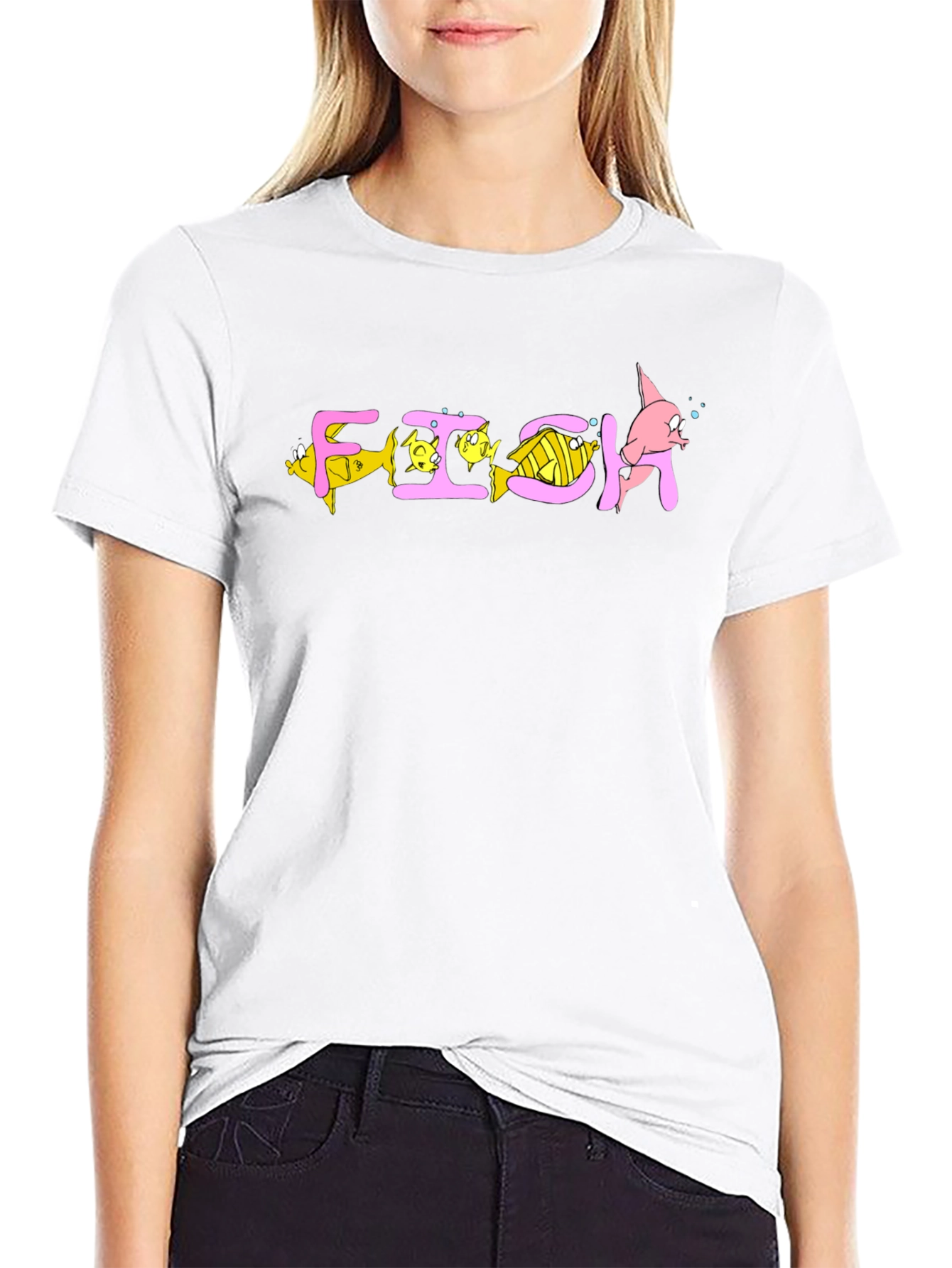 Cartoon Fish Graphic T-Shirt - Black Cotton Blend