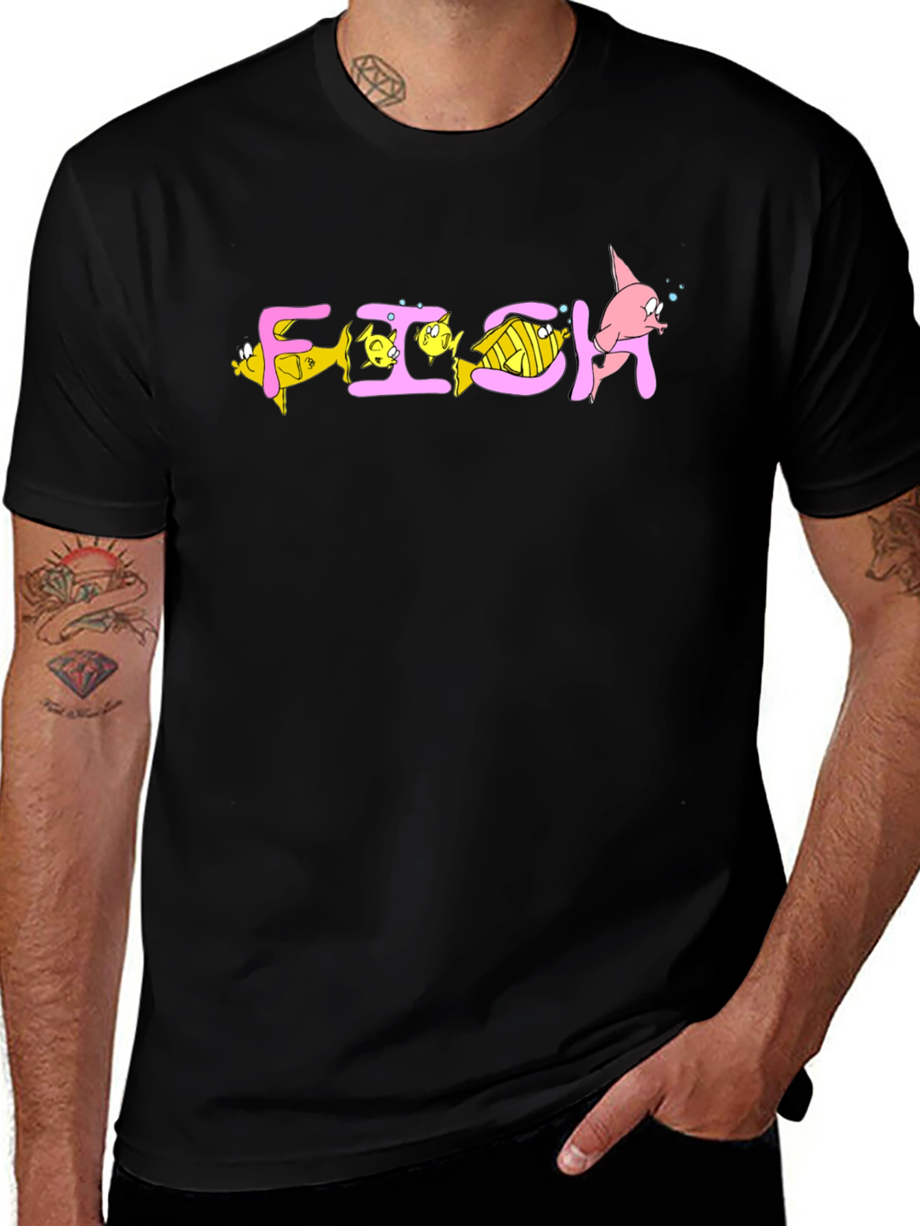 Cartoon Fish Graphic T-Shirt - Black Cotton Blend