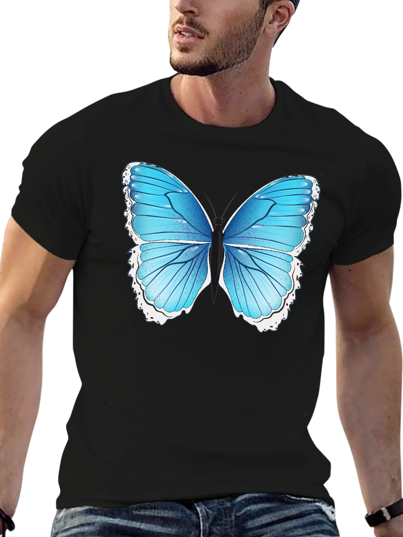 Blue Butterfly Graphic Tee - Black Cotton Blend