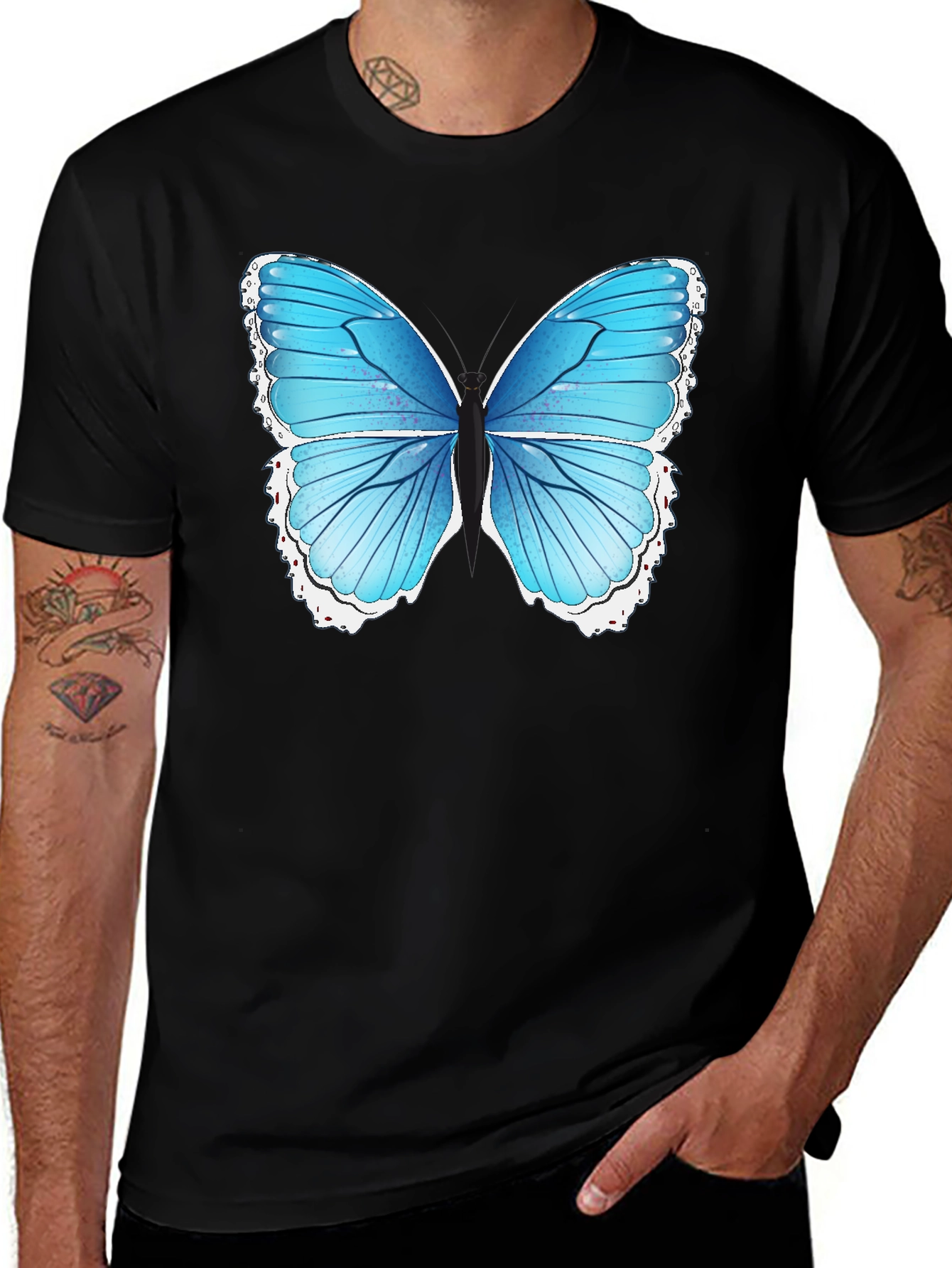 Blue Butterfly Graphic Tee - Black Cotton Blend