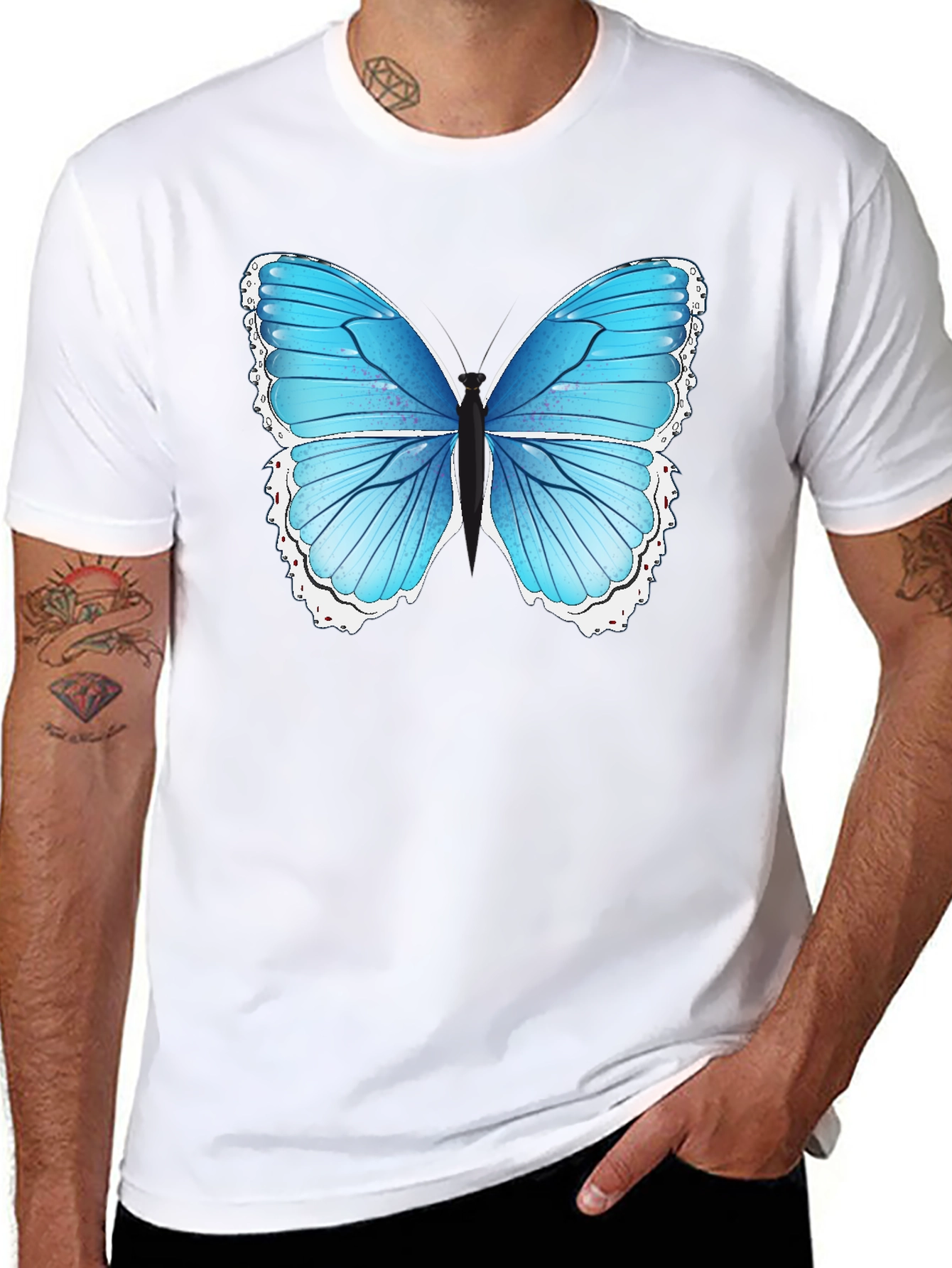 Blue Butterfly Graphic Tee - Black Cotton Blend