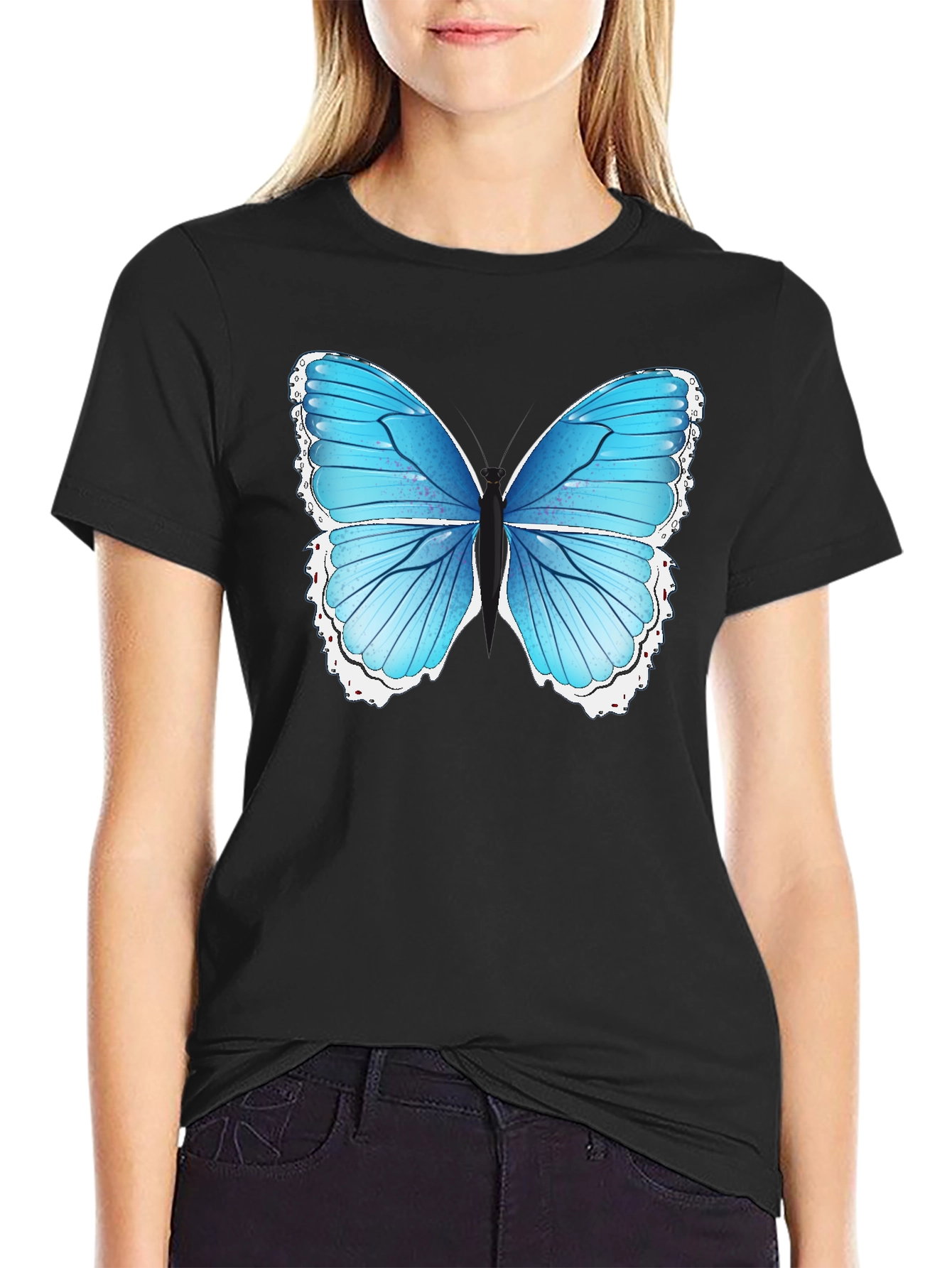 Blue Butterfly Graphic Tee - Black Cotton Blend