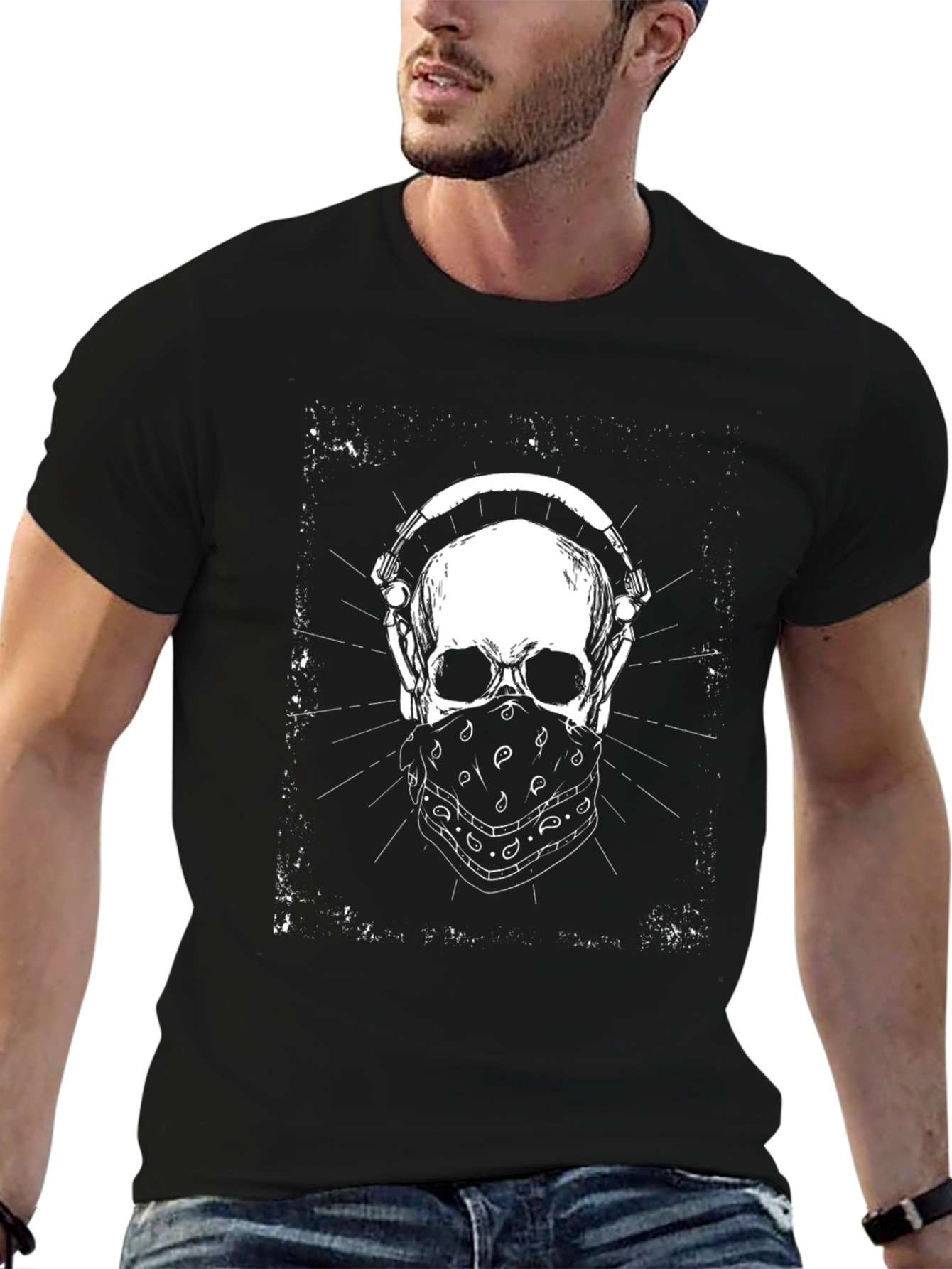 Skull with Headphones Graphic Tee - Black