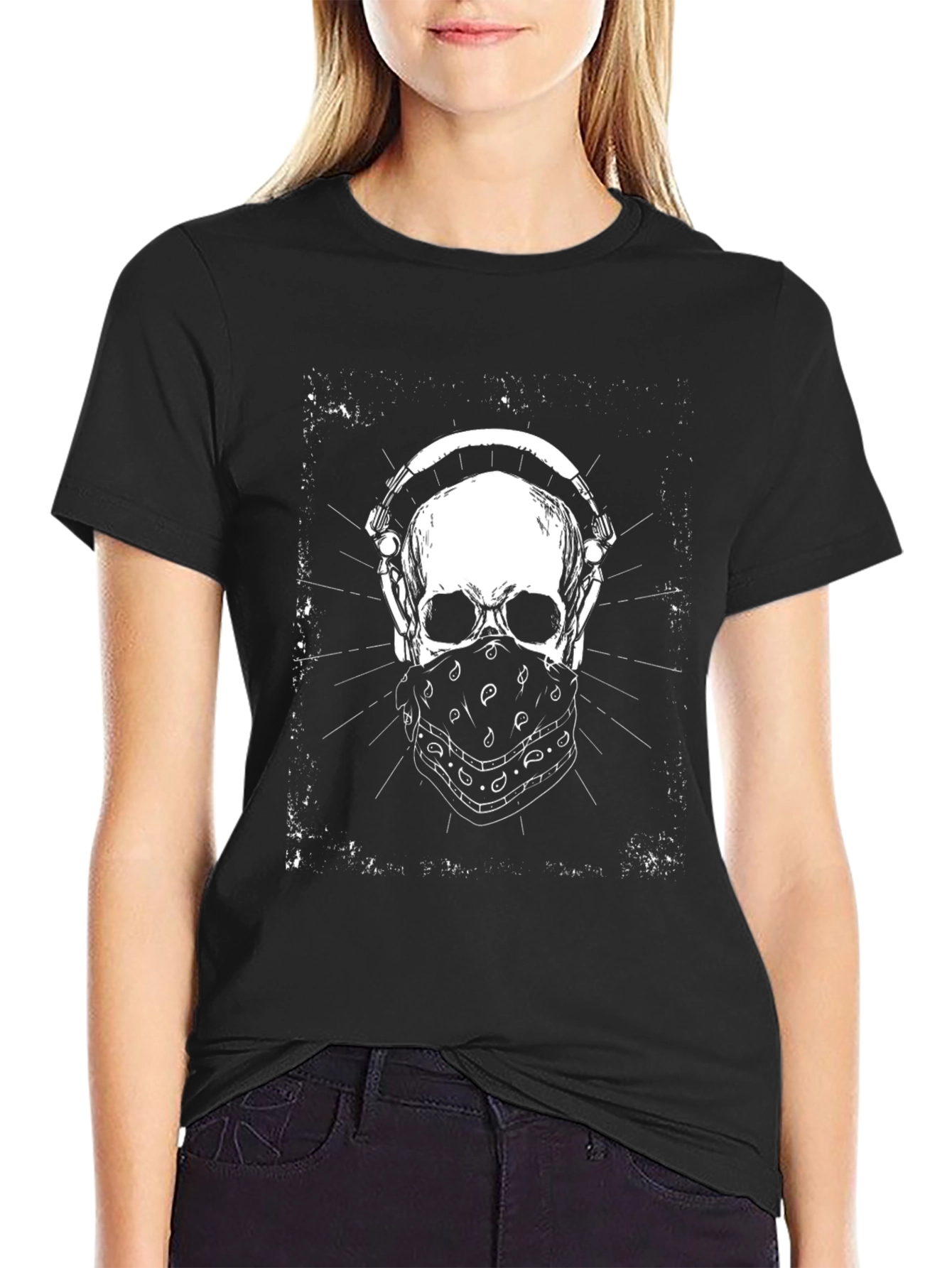 Skull with Headphones Graphic Tee - Black