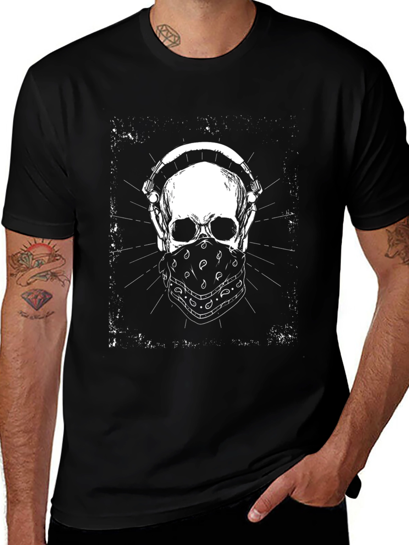 Skull with Headphones Graphic Tee - Black