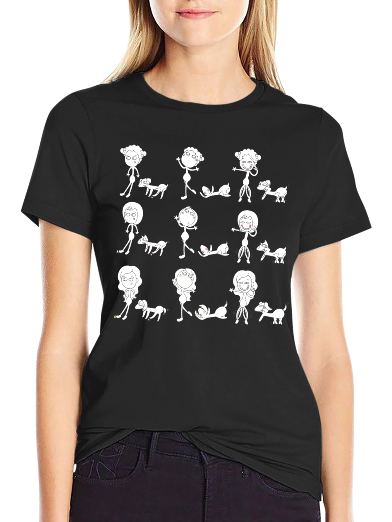 Whimsical Stick Figure & Dog Print Black T-Shirt
