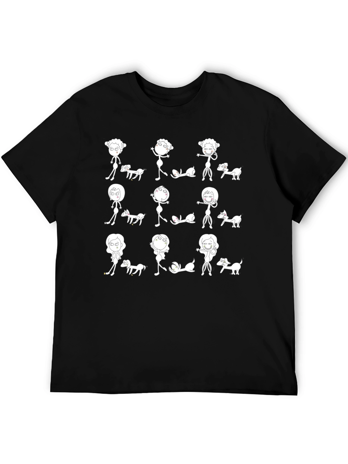 Whimsical Stick Figure & Dog Print Black T-Shirt
