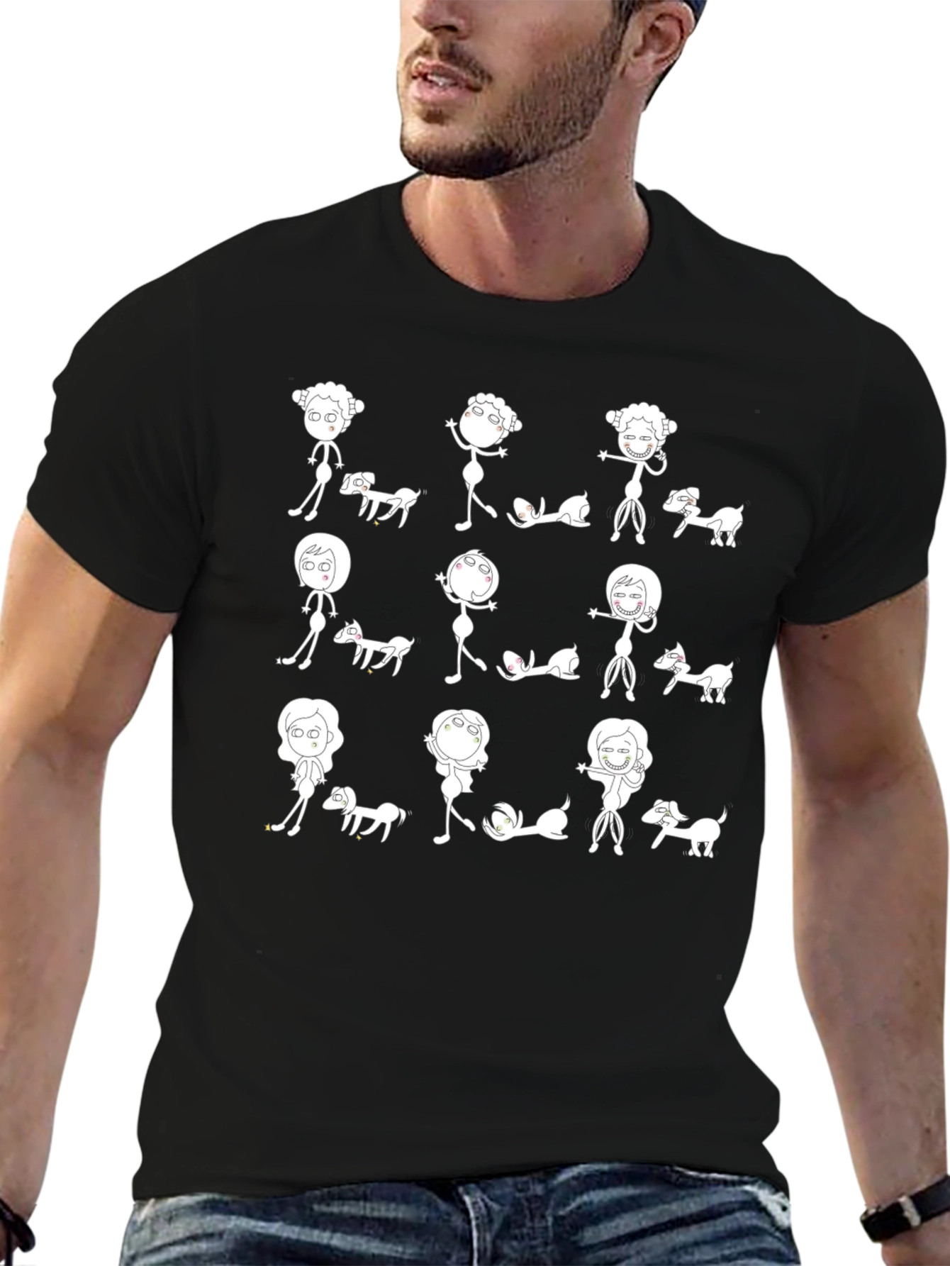 Whimsical Stick Figure & Dog Print Black T-Shirt
