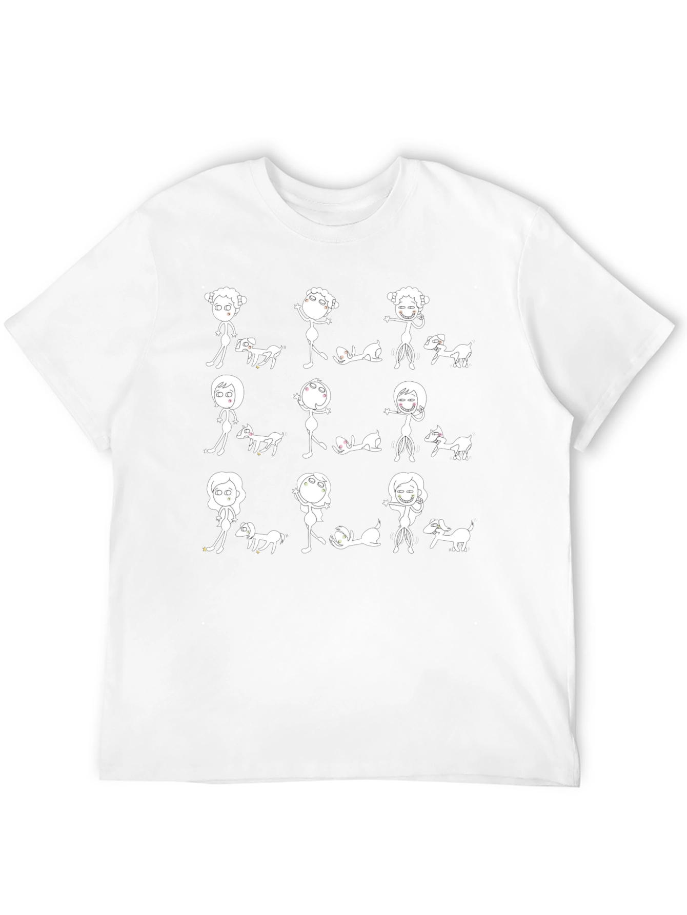 Whimsical Stick Figure & Dog Print Black T-Shirt