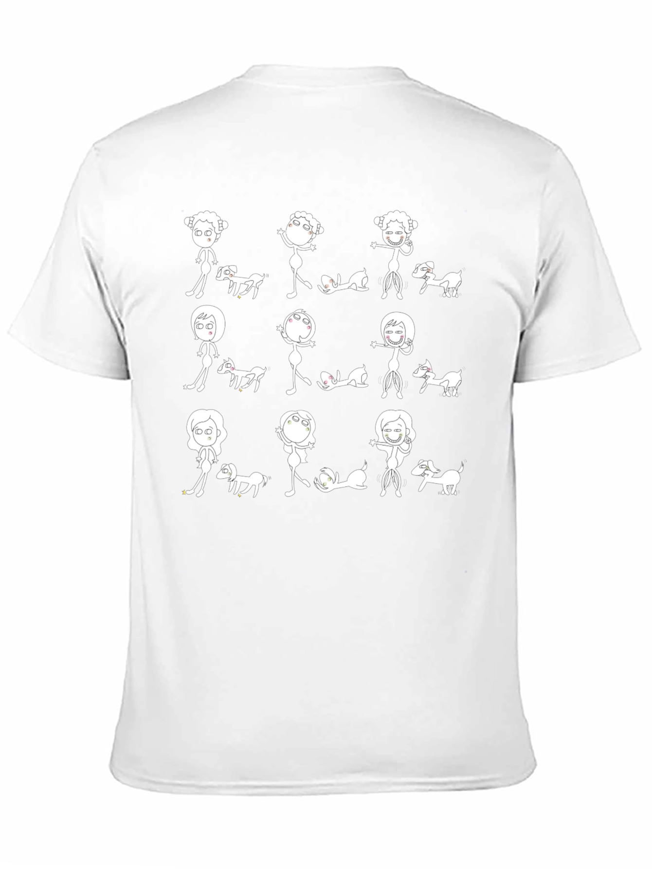 Whimsical Stick Figure & Dog Print Black T-Shirt