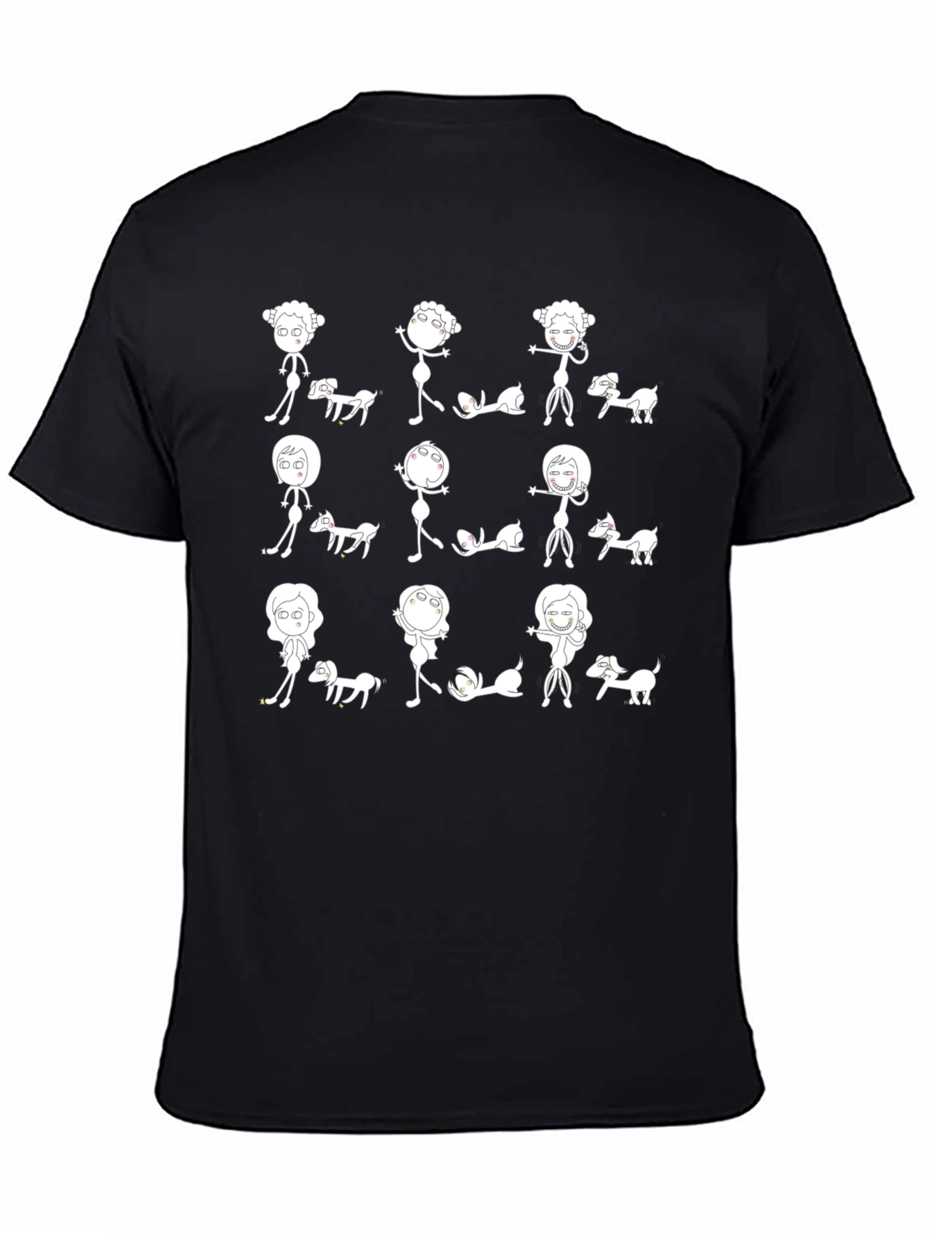 Whimsical Stick Figure & Dog Print Black T-Shirt