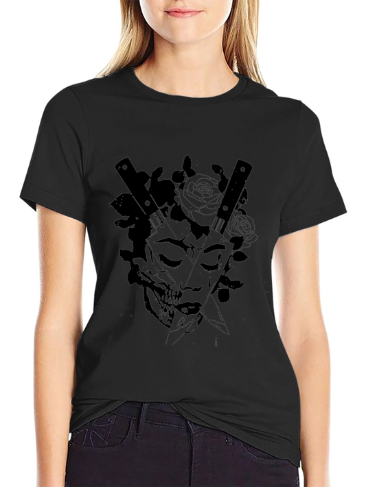 Edgy Skull & Rose Graphic Tee - Black