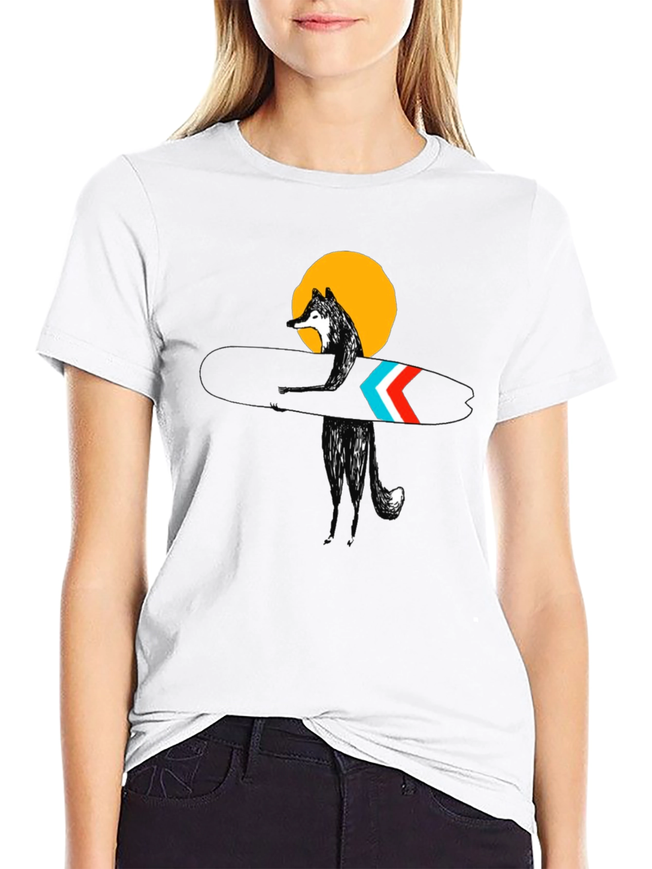 Stylish Black Surf Wolf Graphic Tee