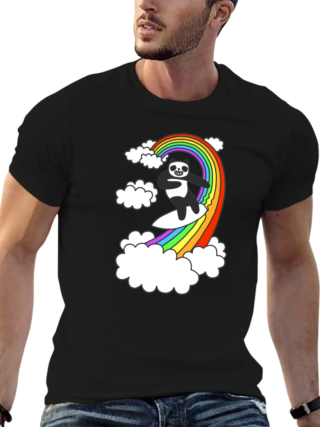 Rainbow Panda Surfing T-Shirt - Black