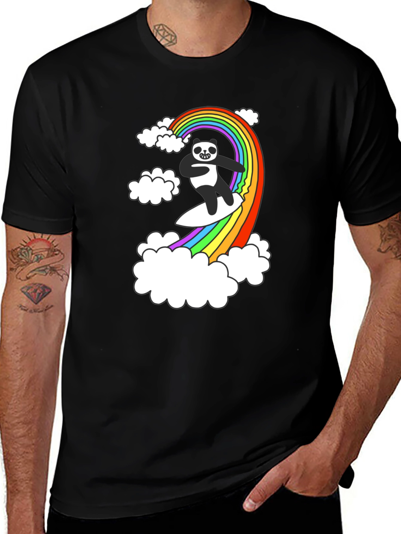 Rainbow Panda Surfing T-Shirt - Black