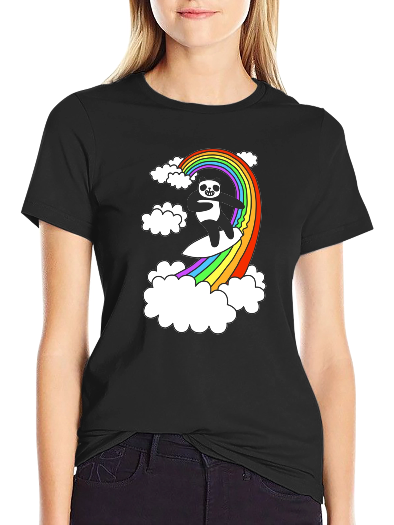 Rainbow Panda Surfing T-Shirt - Black