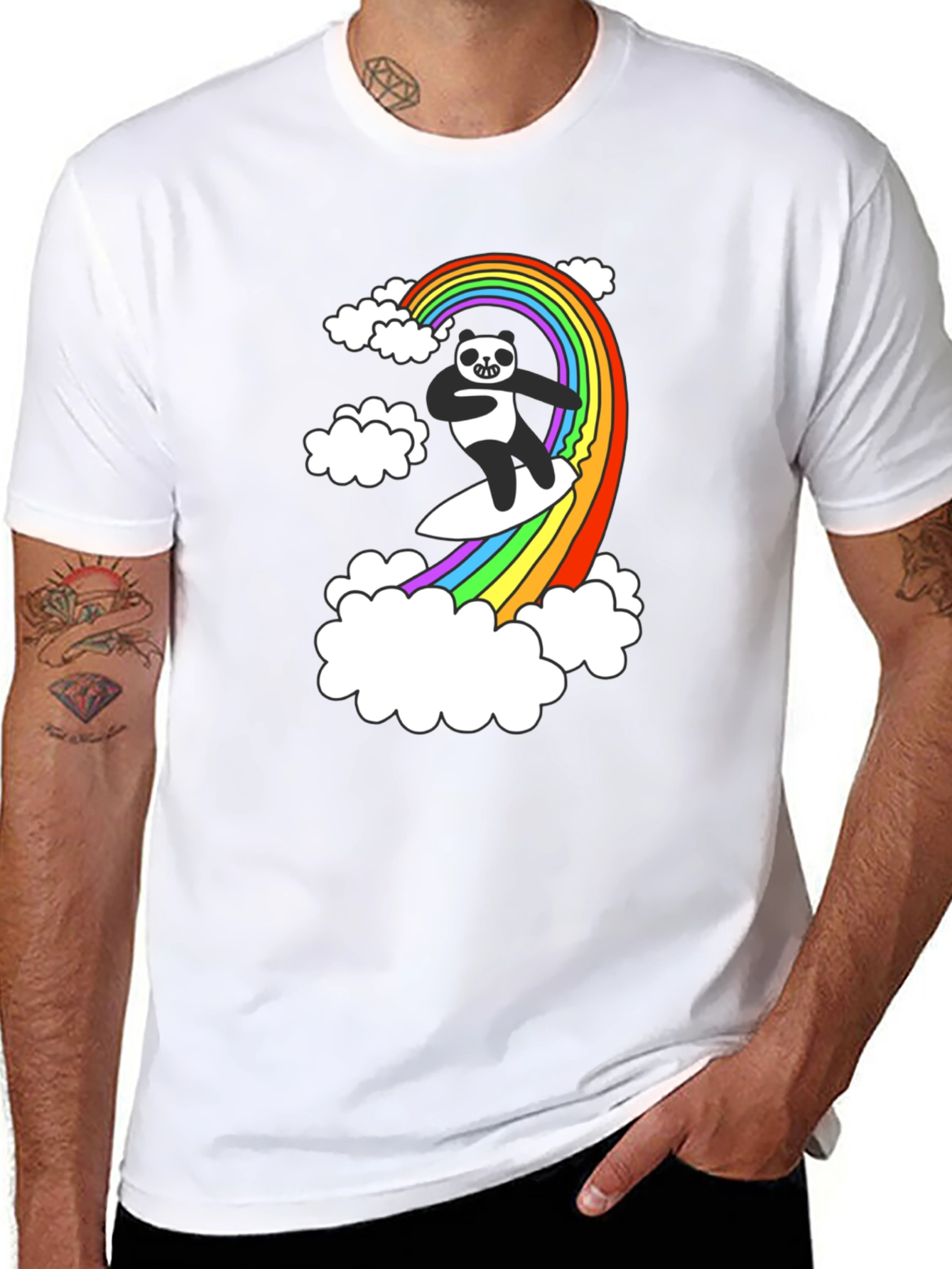 Rainbow Panda Surfing T-Shirt - Black