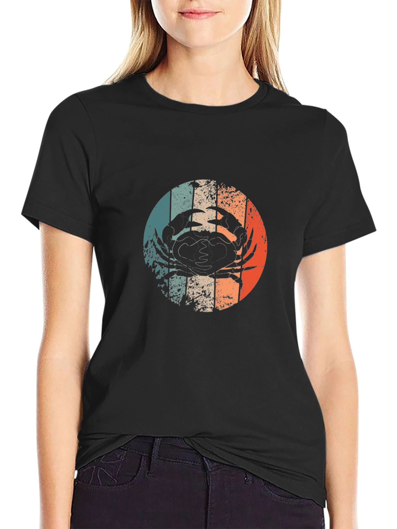 Retro Crab Graphic Tee - Black Cotton T-Shirt