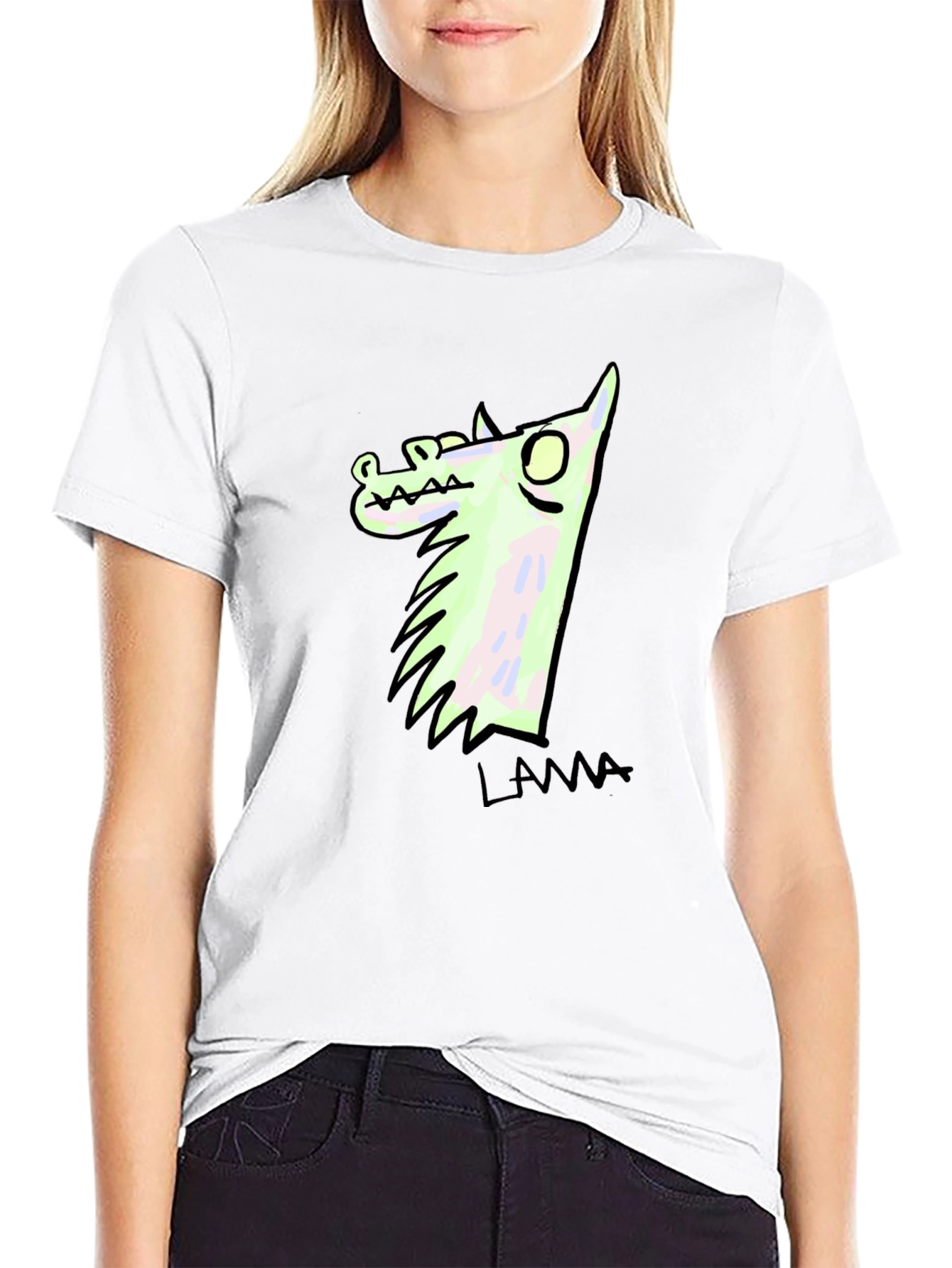 Llama Cartoon Graphic Print Black T-Shirt