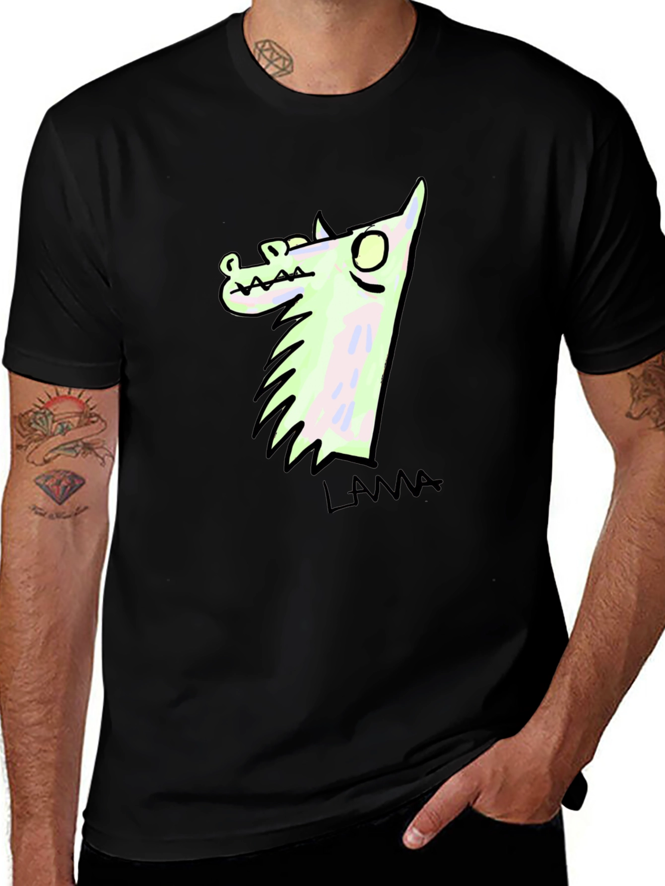 Llama Cartoon Graphic Print Black T-Shirt