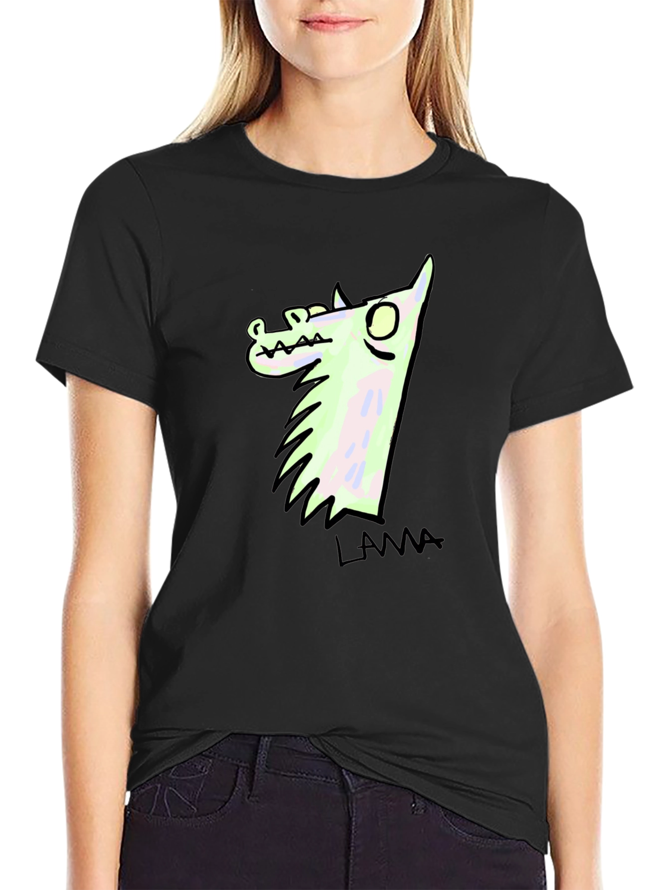Llama Cartoon Graphic Print Black T-Shirt