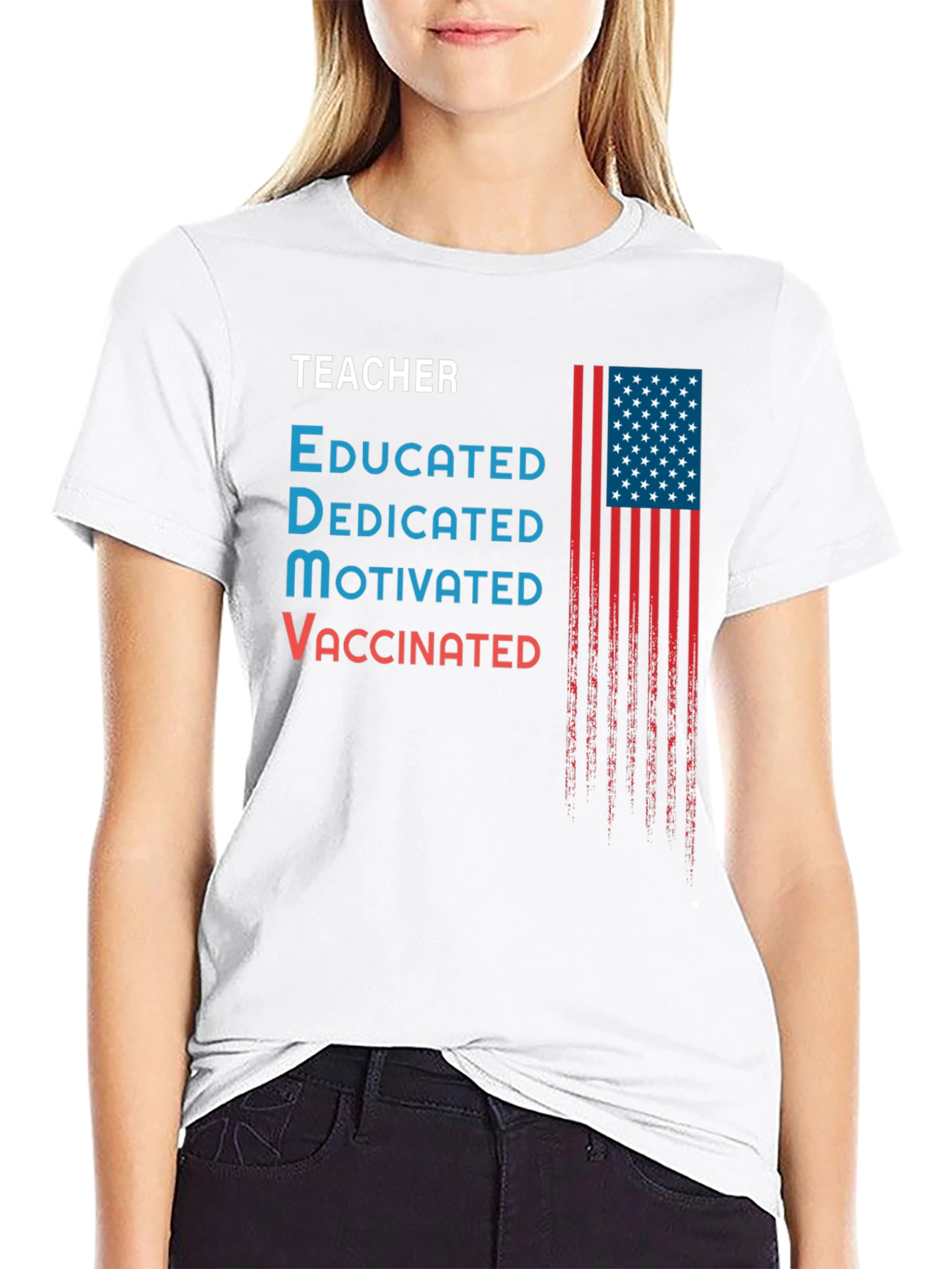 Teacher Educated Vaccinated USA Flag Graphic T-Shirt