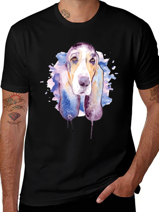 Dog Watercolor Graphic Tee - Casual Black T-Shirt