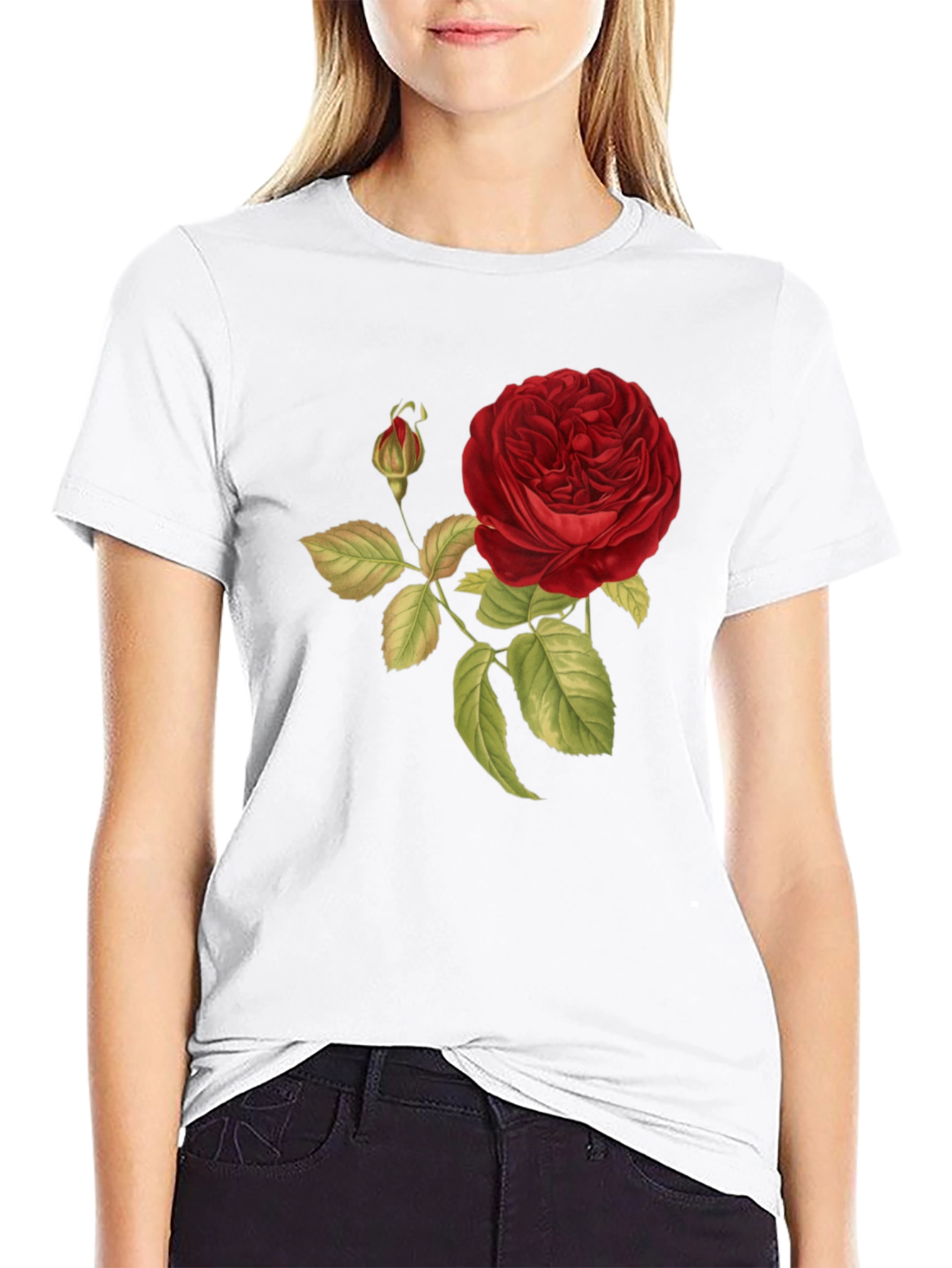 Red Rose Print Black T-Shirt