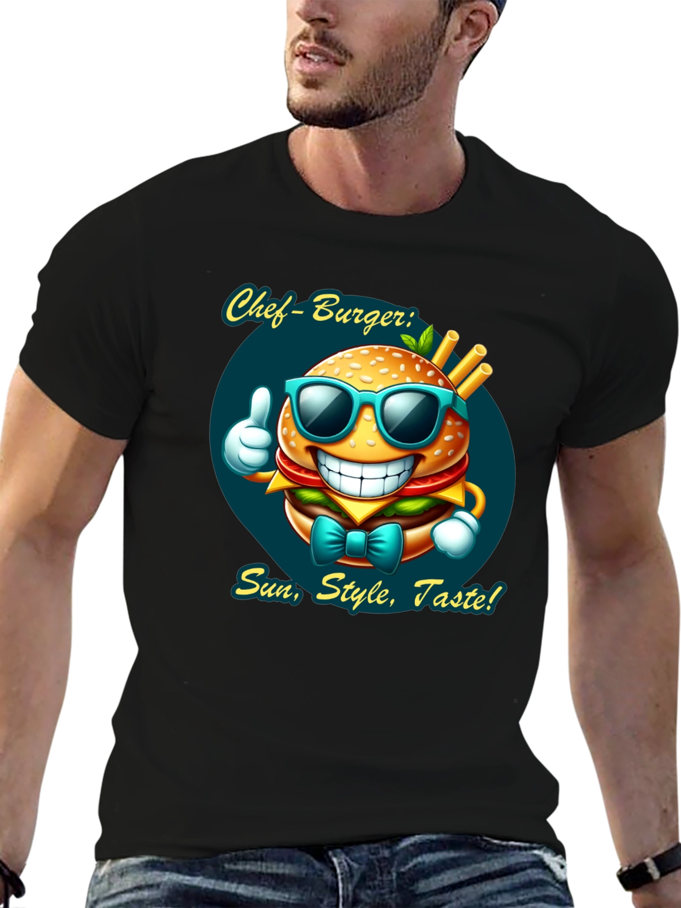 Chef Burger Cartoon Graphic Tee - Sun Style Taste!