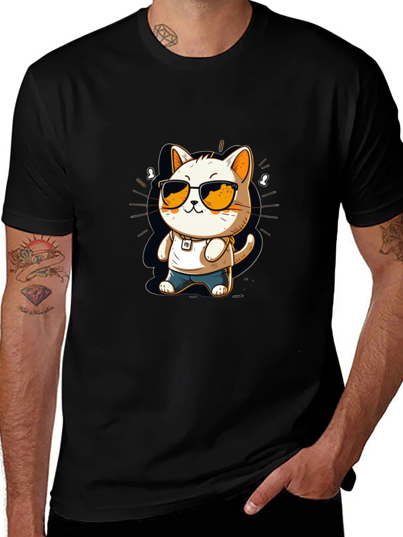 Cool Cat Cartoon Black Tee