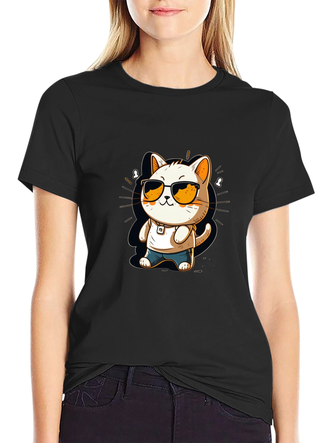 Cool Cat Cartoon Black Tee