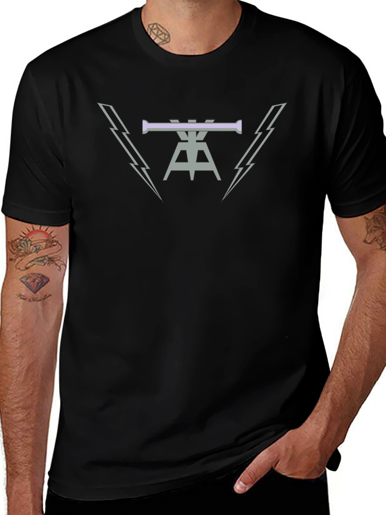 Mens Black Graphic Tee with Lightning Bolt Design