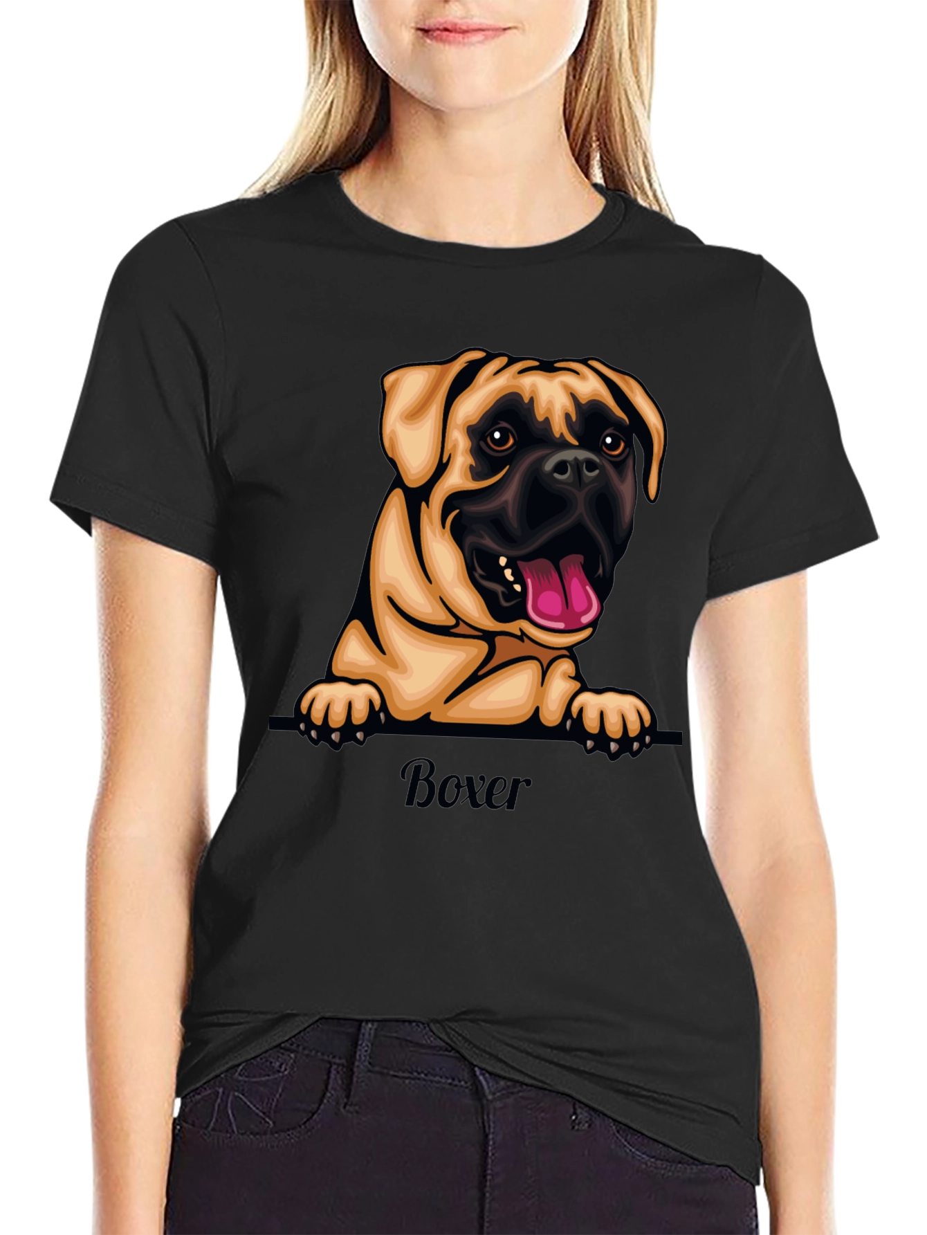 Boxer Dog Graphic T-Shirt - Black Crew Neck Tee