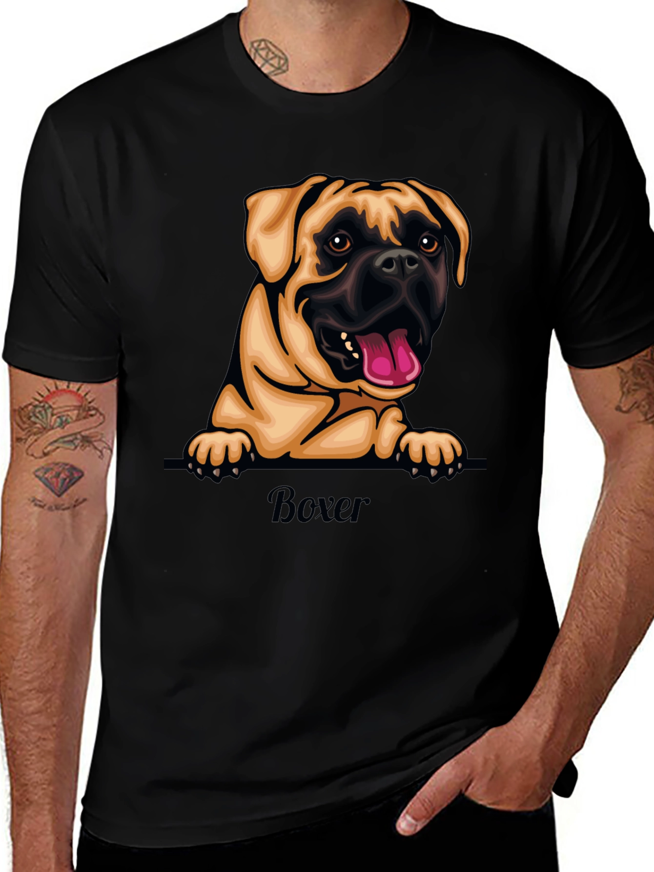 Boxer Dog Graphic T-Shirt - Black Crew Neck Tee