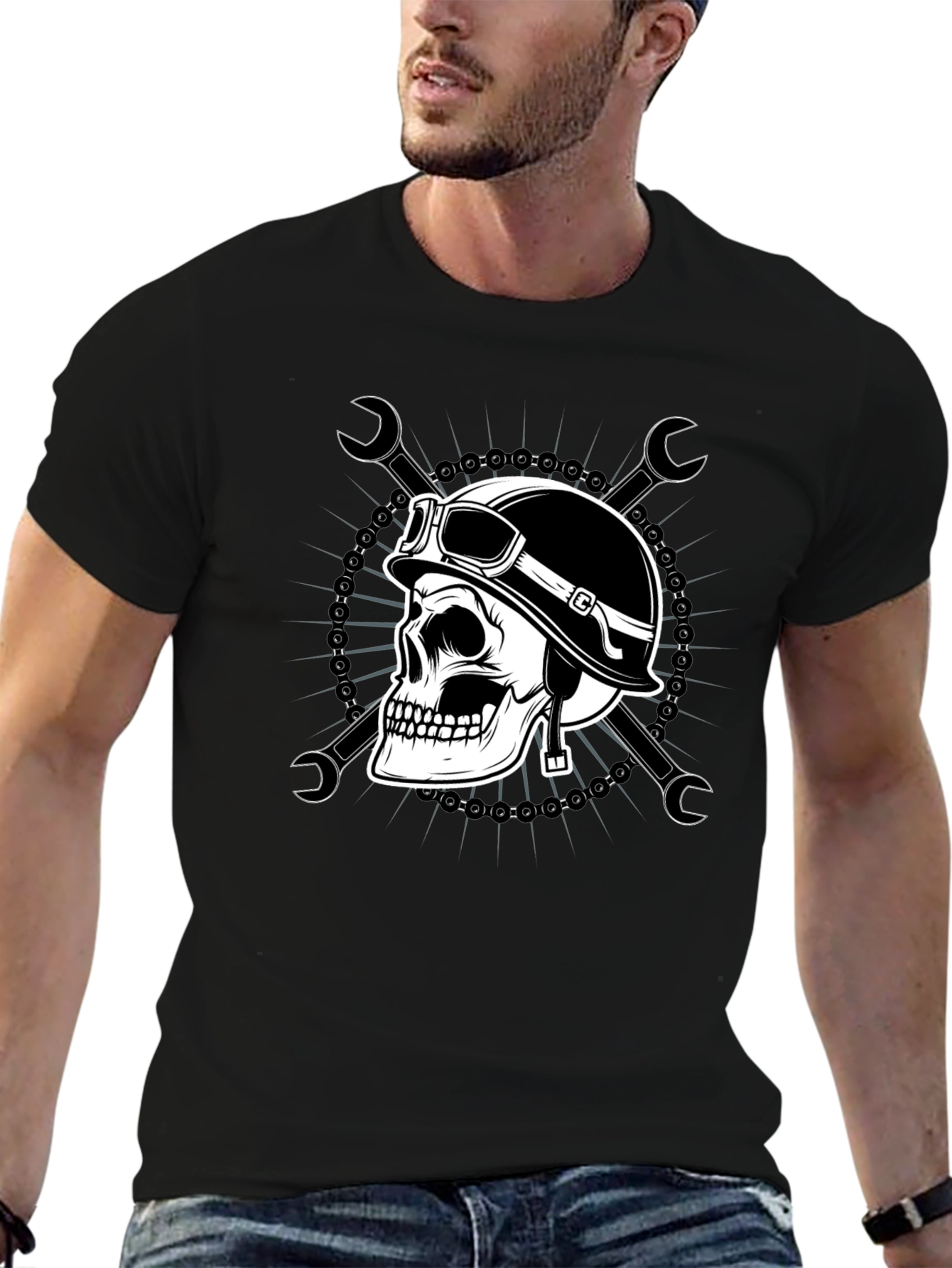 Skull Biker T-Shirt - Mens Black Graphic Tee