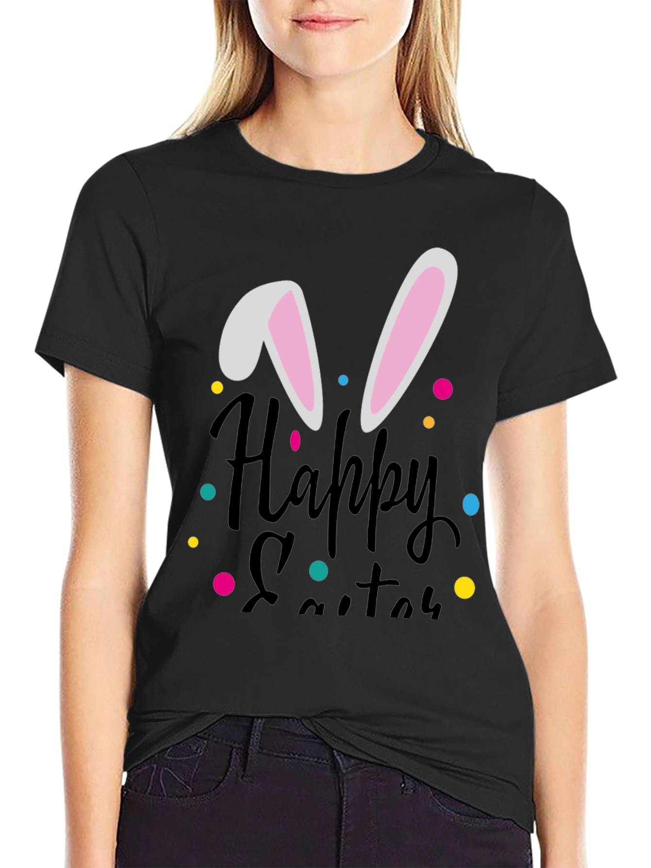 Happy Easter Bunny Ear T-Shirt - Black