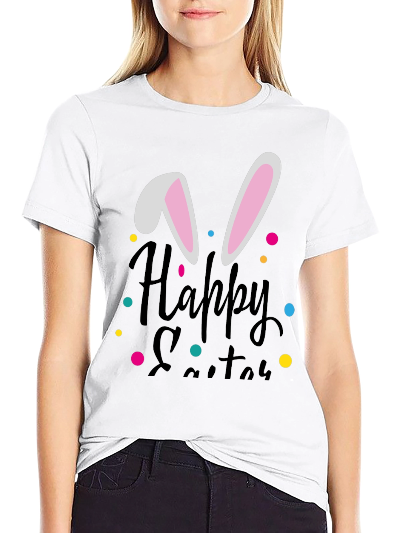Happy Easter Bunny Ear T-Shirt - Black