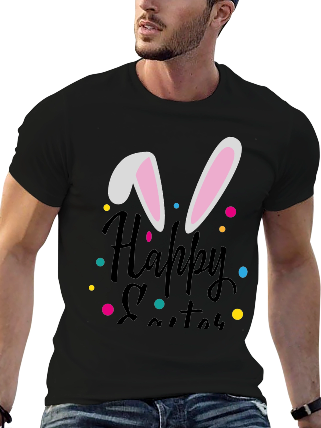 Happy Easter Bunny Ear T-Shirt - Black